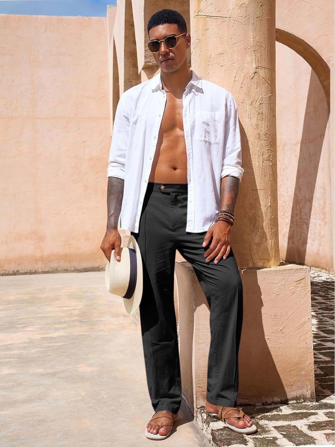 Runcati Mens Casual Pants Elastic Waist Cotton Linen Pants Pleated Loose Fit Lightweight Beach Yoga Trousers - Image 4