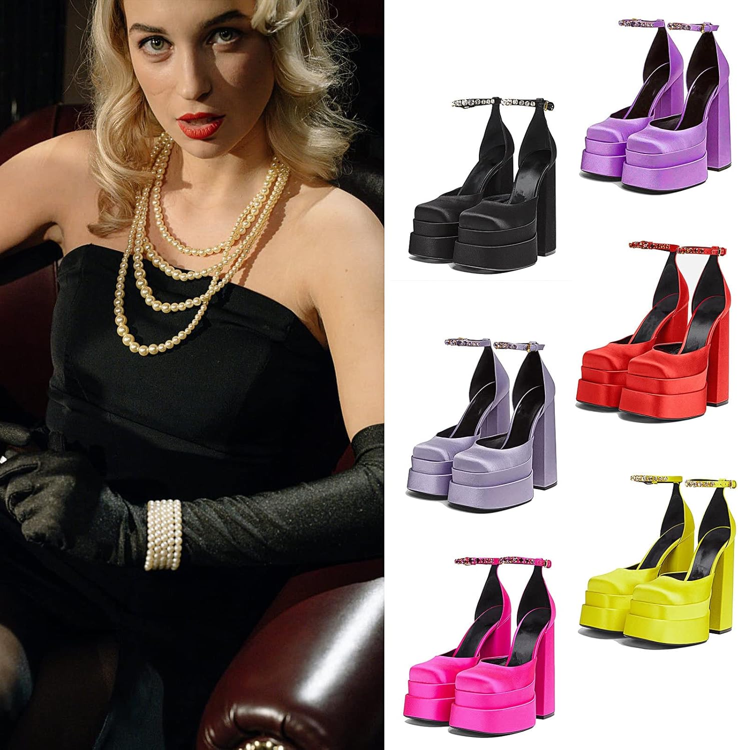 Vista 2 de Atsroel Zapatos de tacón alto para mujer, de satén de seda, con diamantes de imitación, correa de tobillo, punta cuadrada, bloque grueso, tacón