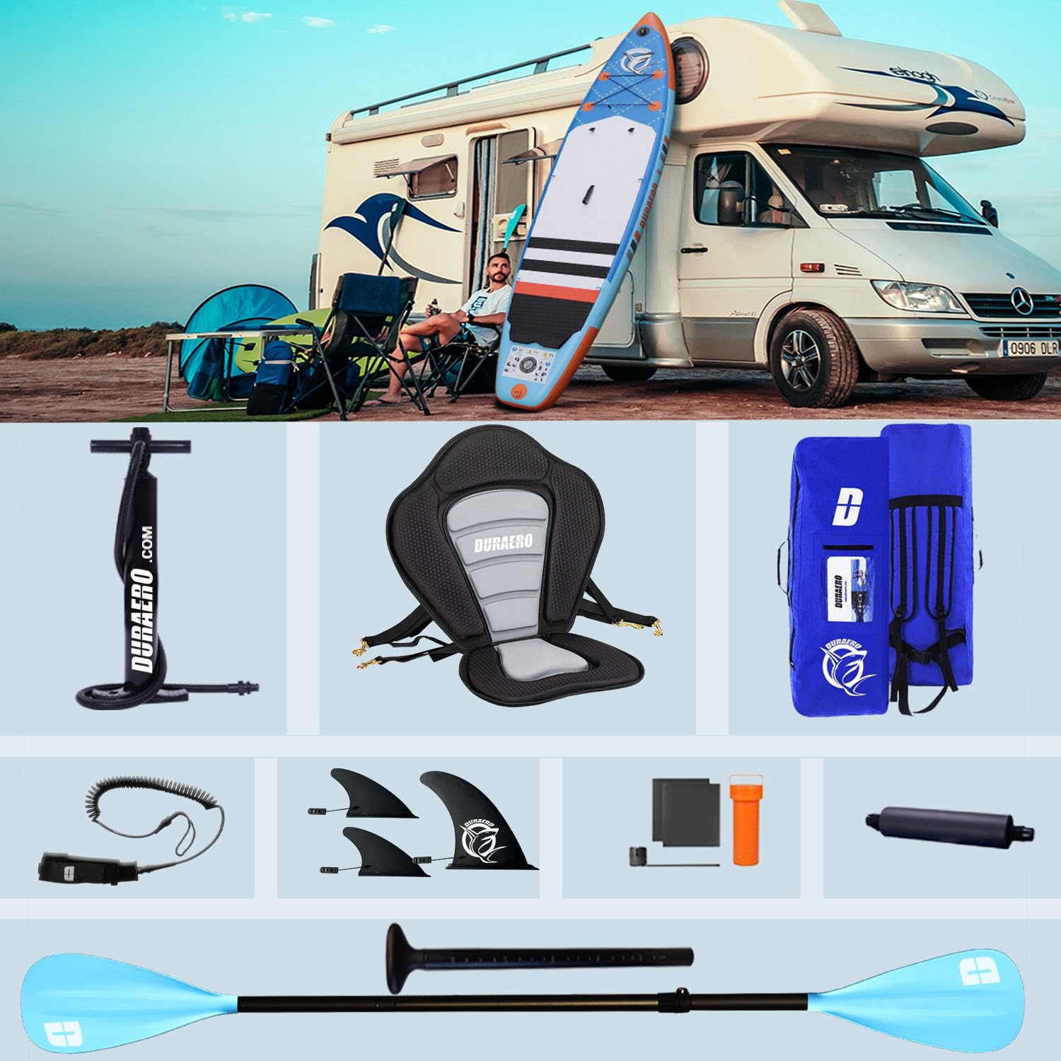 Stand up Paddle Gonflable Planches gonflables, 330 x 76 x 15 cm, siège Kayak, Support GO-Pro, Pad intégré, 3 Ailes, Double pagaie réglable, Accessoires complets, jusqu'à 150 kg, Bleu