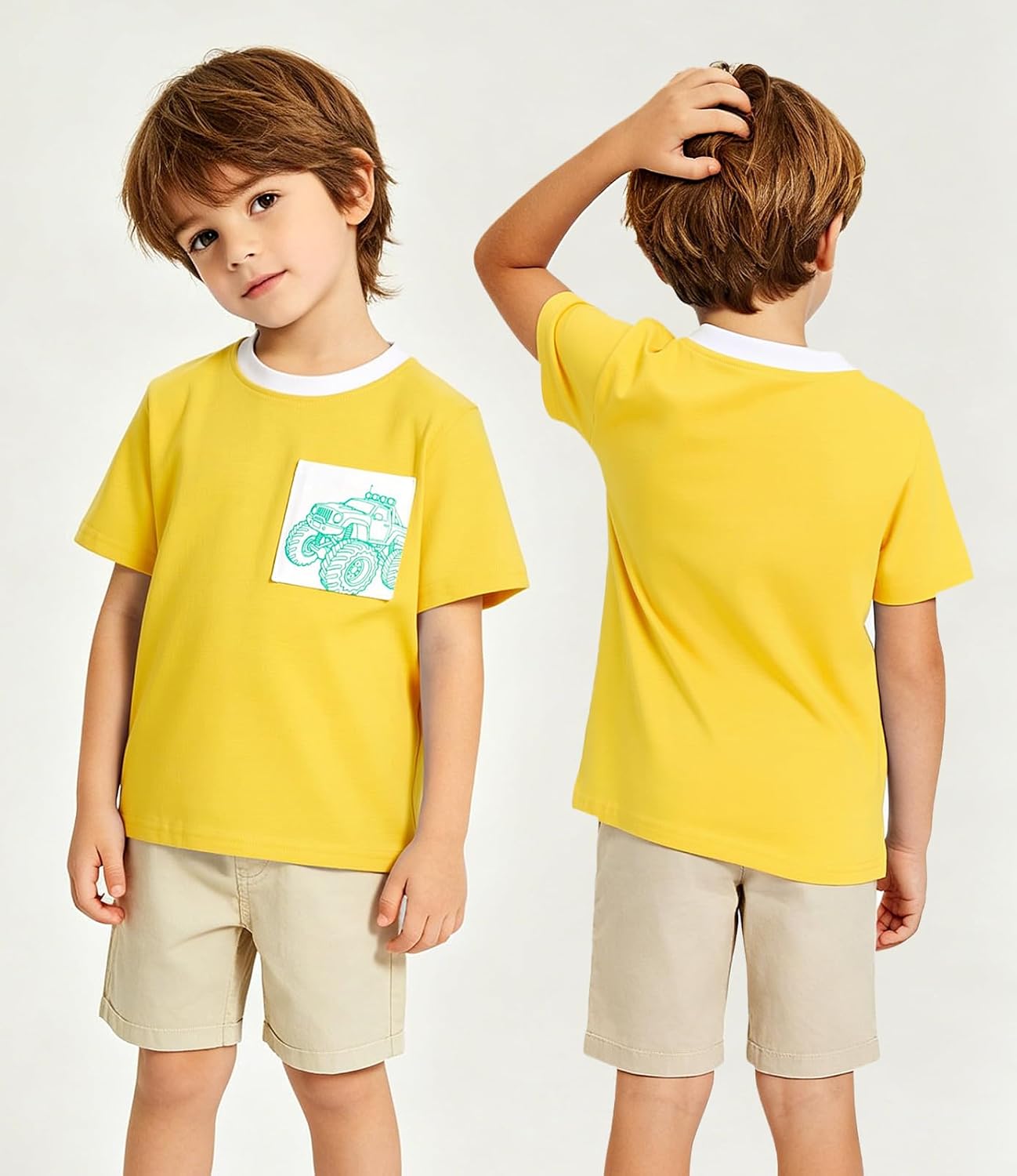 grehava Boys Graphic T-shirts Contrast Collar Pocket Short Sleeve Tees 3-7Y