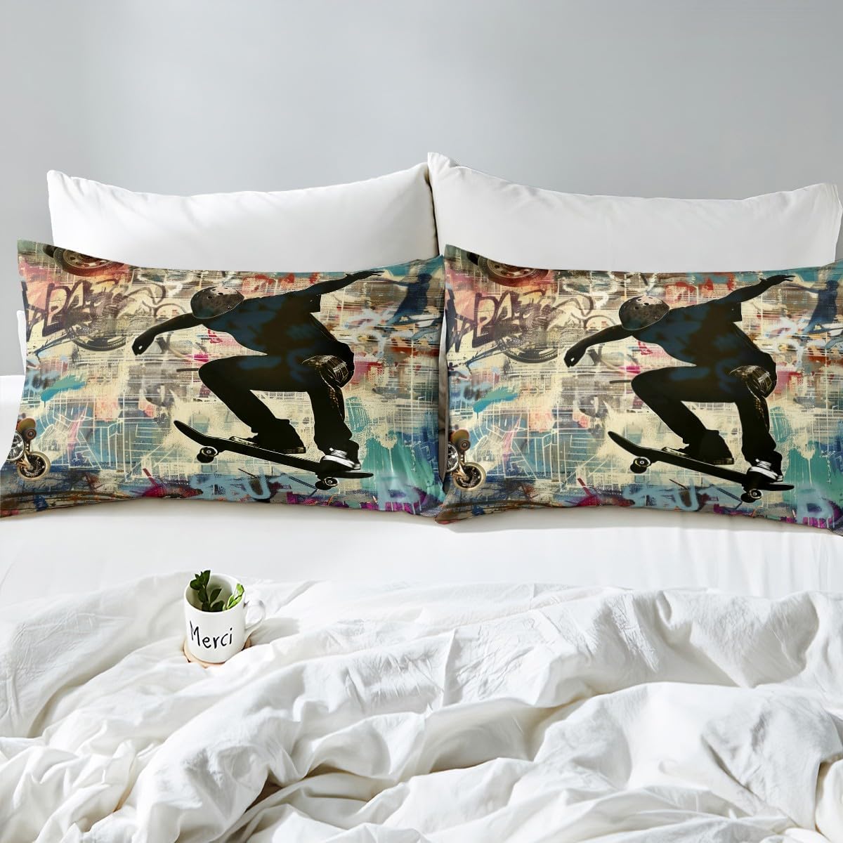 Skater Boy Bedding Set Queen,Watercolor Graffiti Comforter Cover for Boys Girls,Kids Hip Hop Duvet Cover Set Extreme Sport Bedspread Cover Fashion Teens Bedroom Decor 3 Pcs Bed Collection
