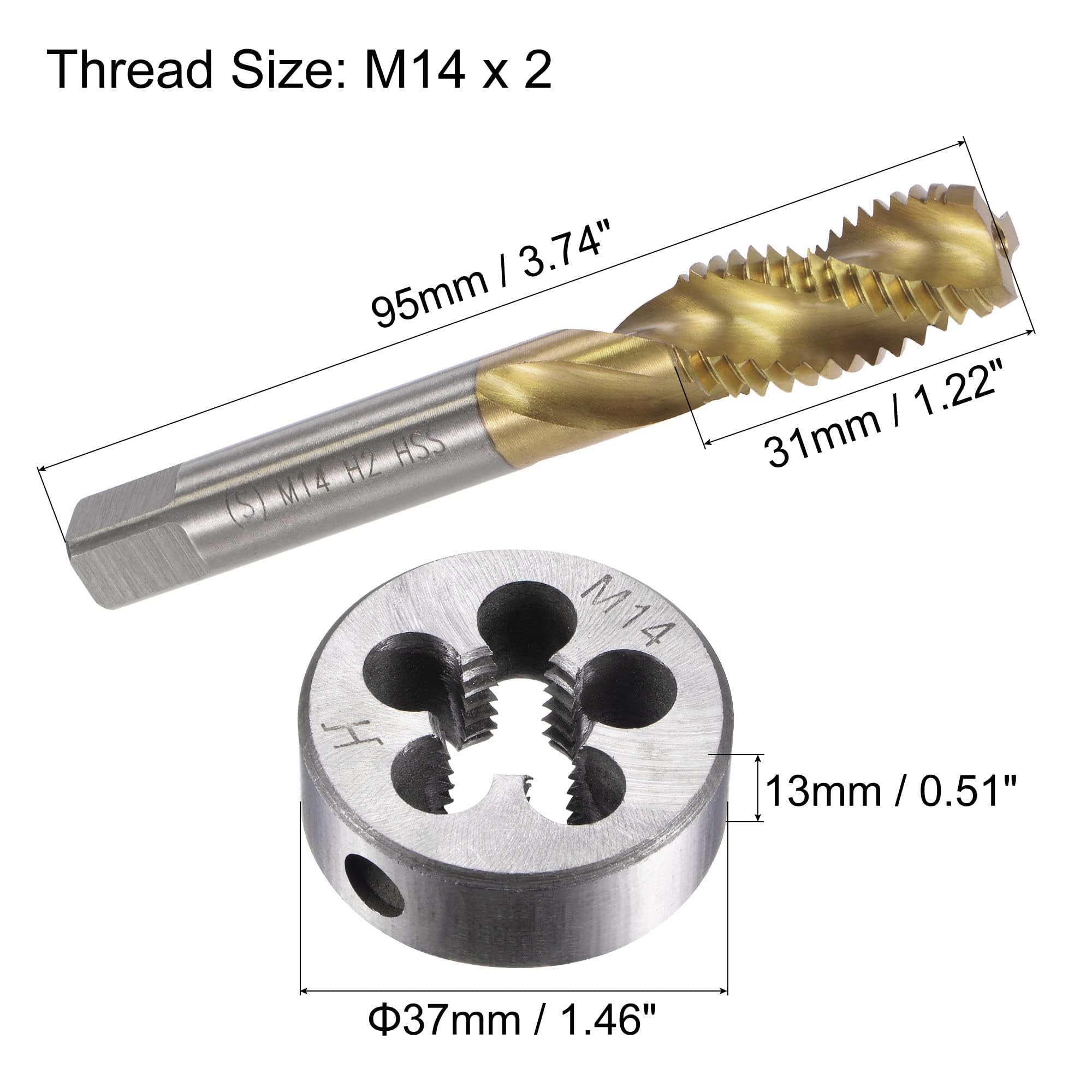 TOP-VIGOR Tap and Die Set Metric M14 x 2, HSS (High Speed Steel) Titanium Plated Machine Spiral Flute Thread Screw Tap - Image 2