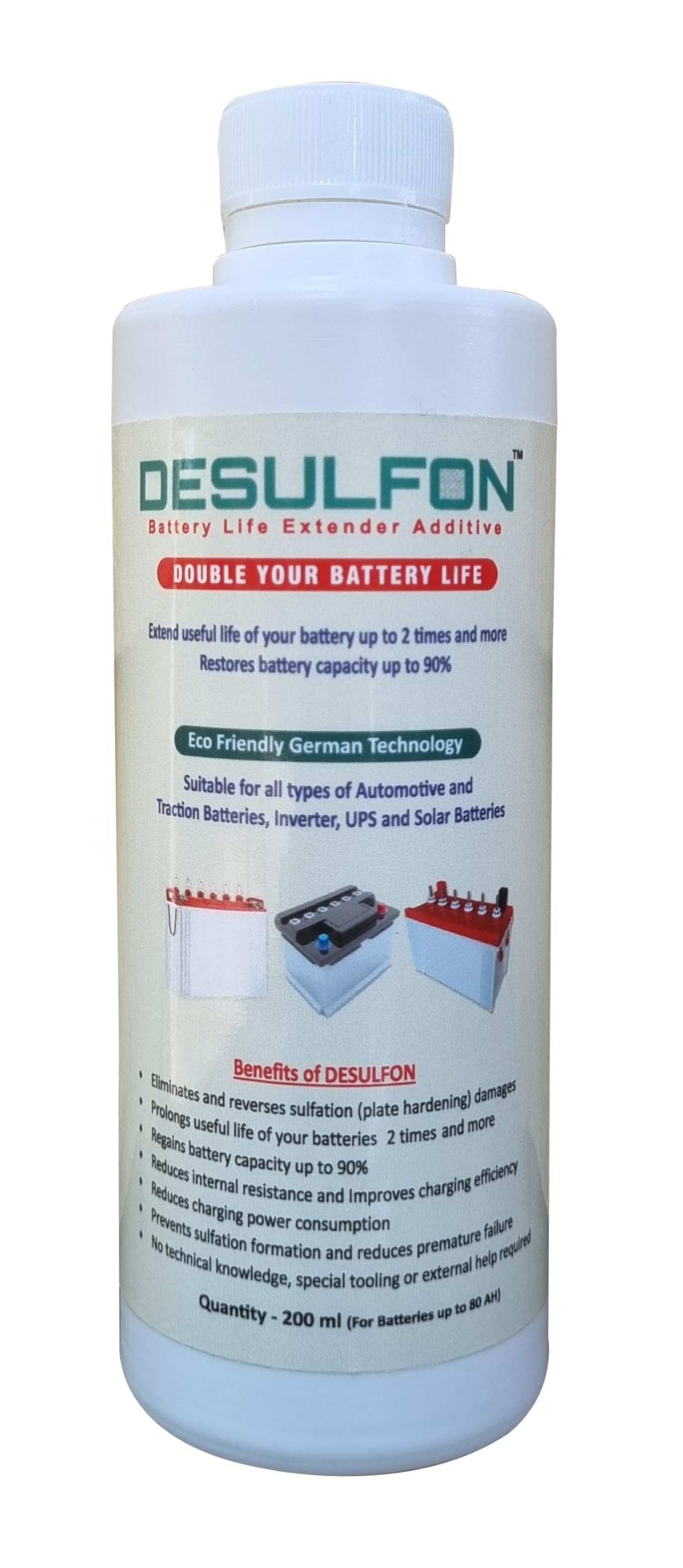 Battery Life Extender, Capacity Booster, Desulfator, Reviver Additive for Inverter, UPS, Solar, Car, SUV, Truck, Bus, Forklift batteries up to 80 AH (Qty-200 ml)