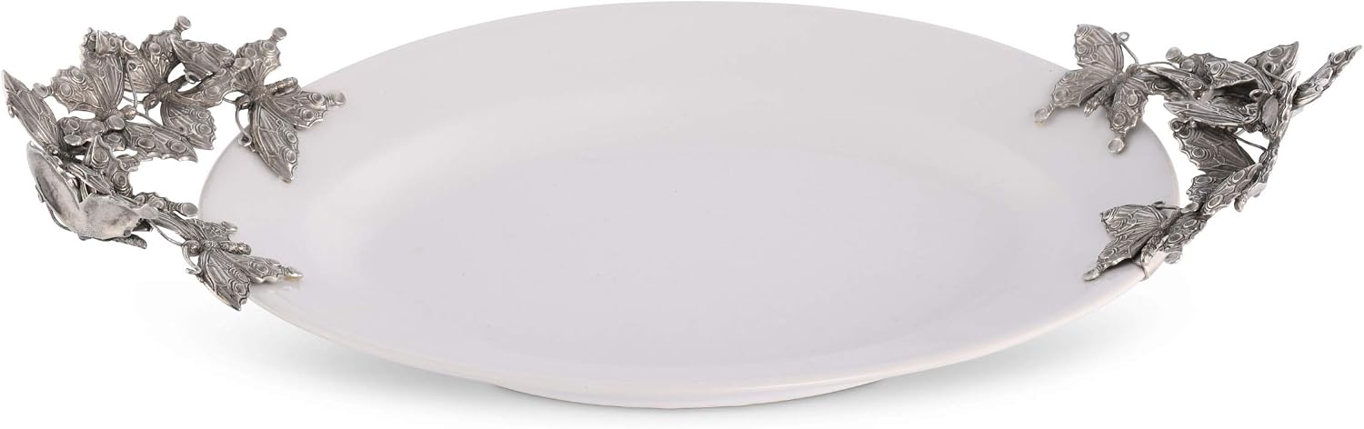 Vagabond House Stoneware Tray with Pewter Butterfly Handles Large 20.5 inch x 12.5 inch