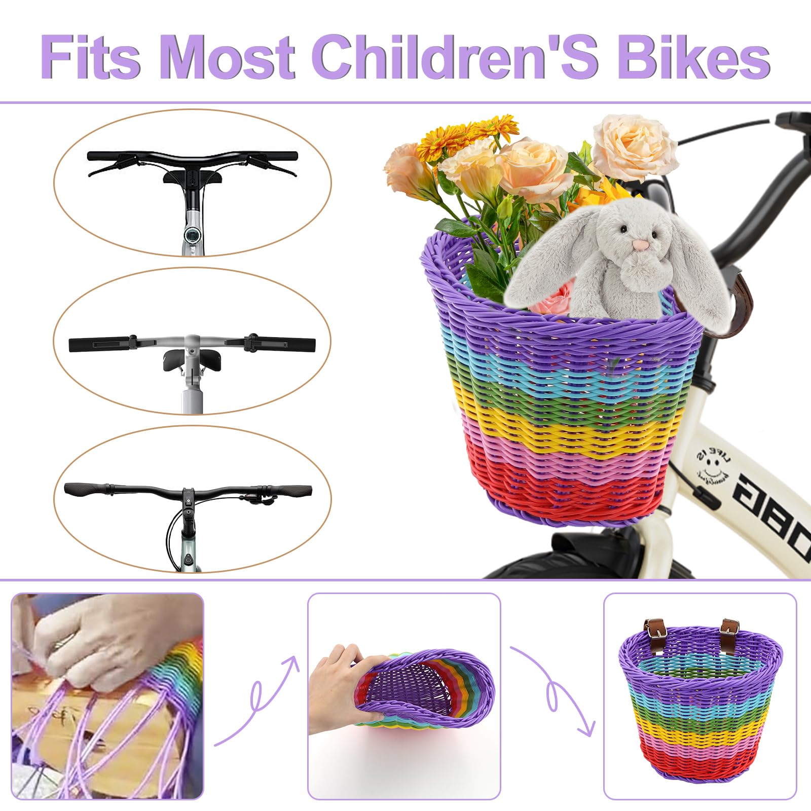 Panier Avant Pour Vélo Enfant – Lot Avec Sonnette, Perles De Rayons, Autocollants, PP Résistant, Installation Facile