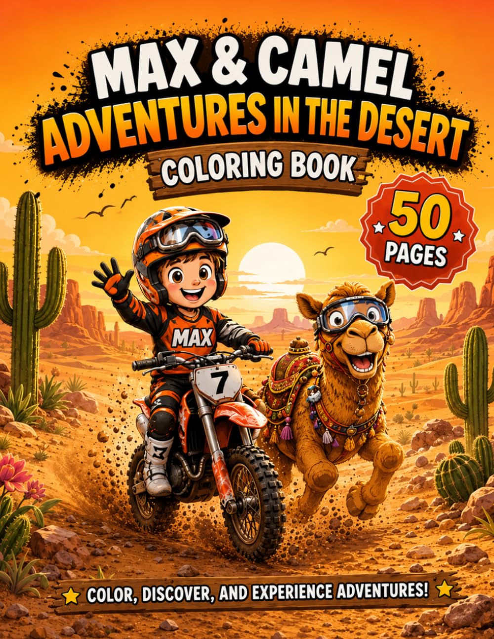 Max & Camel Adventures in the Desert MX Coloring Book for Kids Ages 4–8: 50 Fun Desert Adventure Coloring Pages with Motocross Bikes, Camels, Mazes, ... Spot-the-Difference Activities & Creative Fun