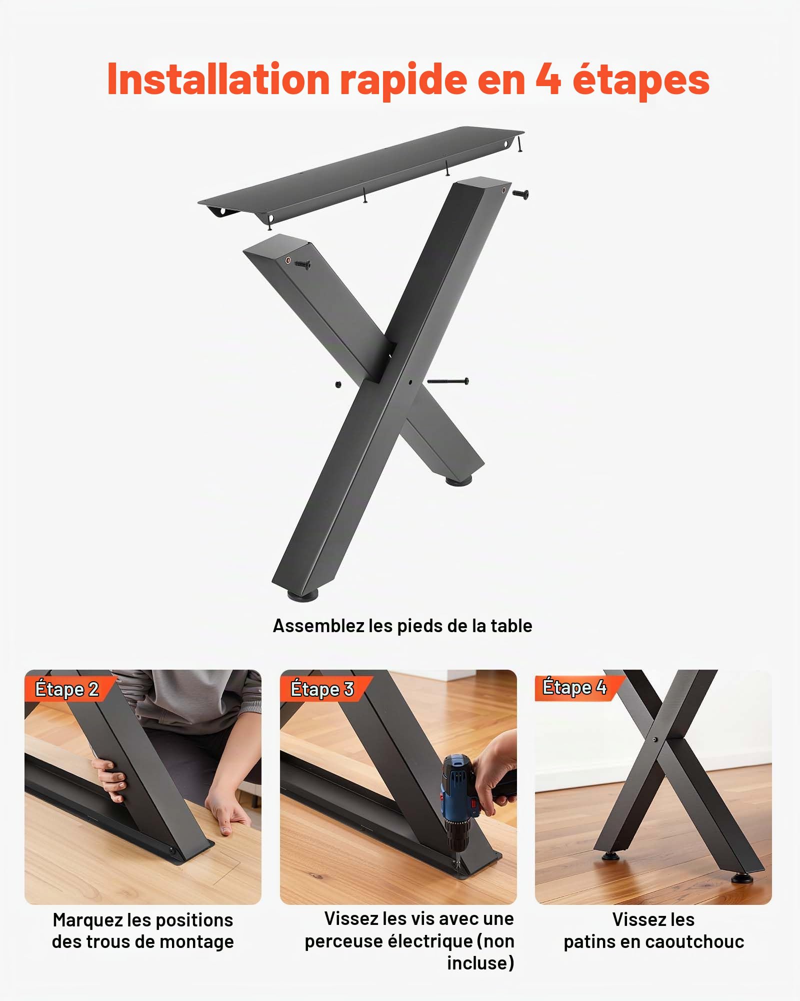 VEVOR Pieds de Table en Forme de X 750x760 mm Lot de 2, Pieds de Bureau en Acier au Carbone, Charge Max. 1000 kg pour Table à Manger, Bureau, Établi, Plan de Travail et Table de Bar, avec Patins, Noir