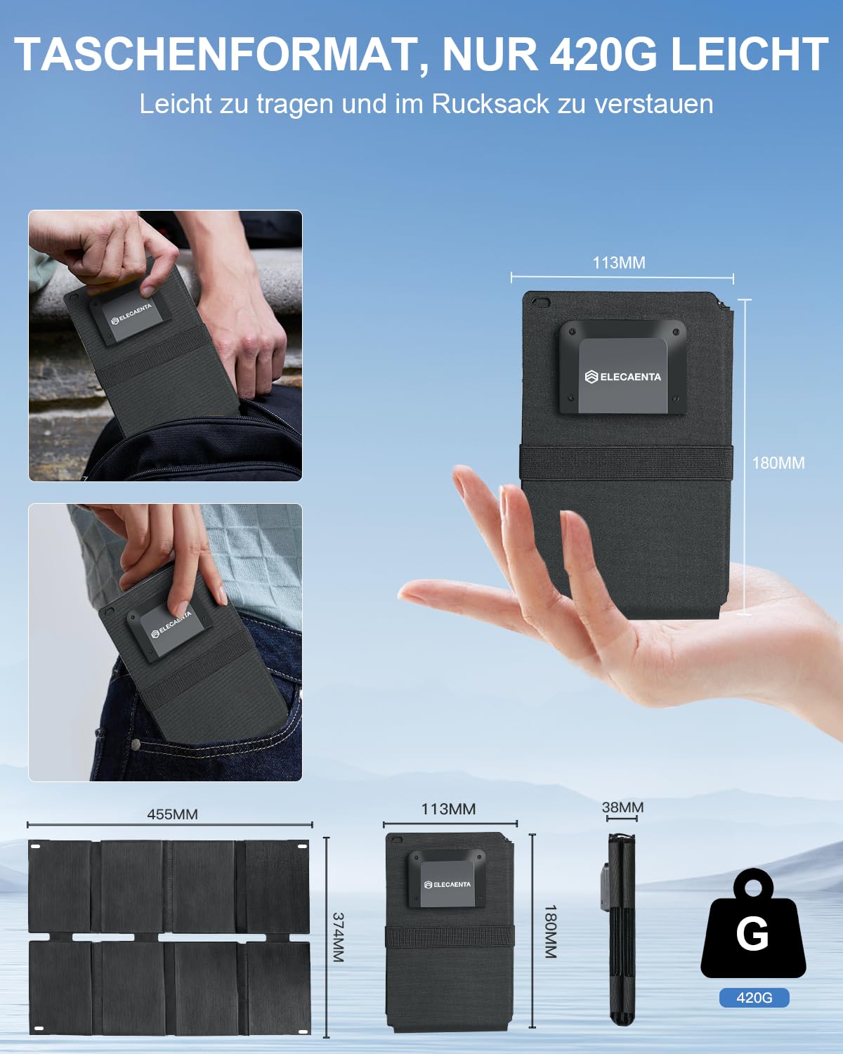 ELECAENTA 25W HPBC ETFE Faltbares Solar Ladegerät, Taschenformat Mini Solarpanel mit USB-A & USB-C, IP68 Wasserdicht für Outdoor, Camping, Wandern, Kompatibel mit Handy, Tablets, Powerbank