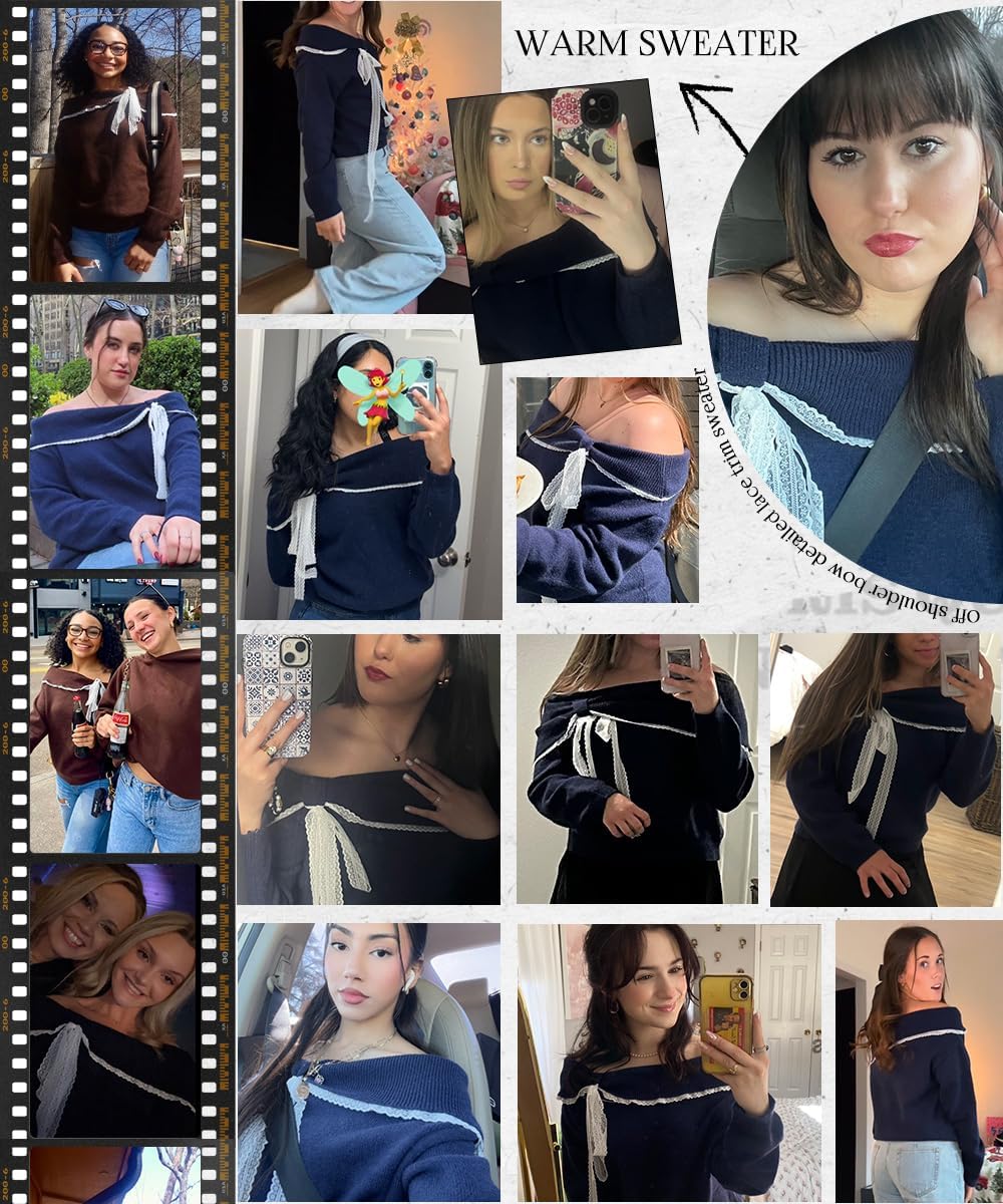 Off The Shoulder Sweater for Women Cute Long Sleeve Sexy Lace Bow Tie Knit Cropped Pullover Sweater - Image 7