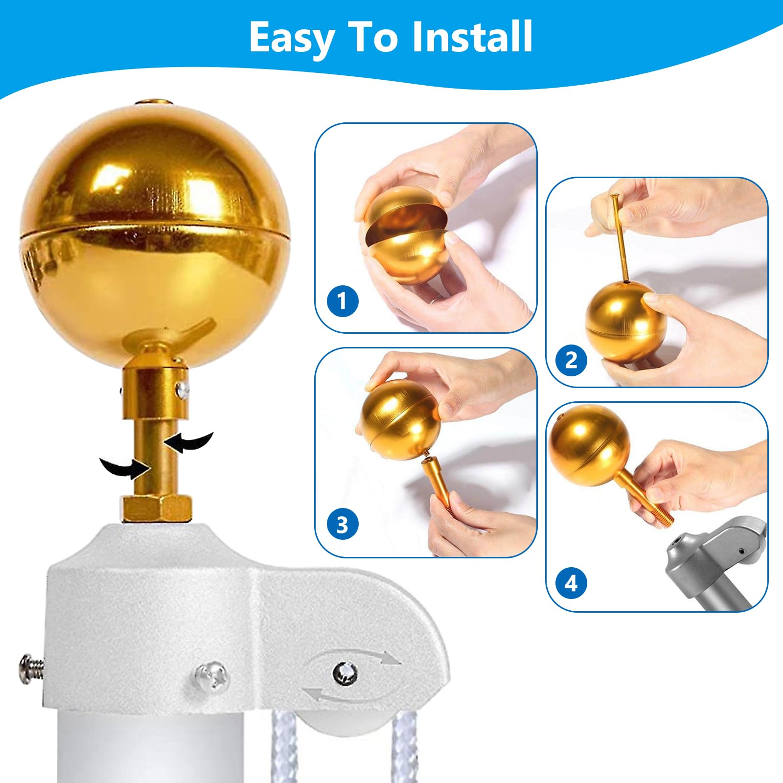TWSOUL Set di accessori per bandiera, asta di riparazione per bandiera, con sfera, moschettone, torcia, topper in alluminio con puleggia, kit di ricambio (corda di plastica