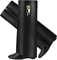 CDHYX Women's Fold Over Over-the-Knee Boots: Pointy Toe Wedge Heel Shark Design with Side Zipper Padlock