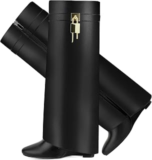 CDHYX Women's Fold Over Shark Boots: Pointy Toe 4" Wedge Heel Over-the-Knee with Side Zipper Padlock