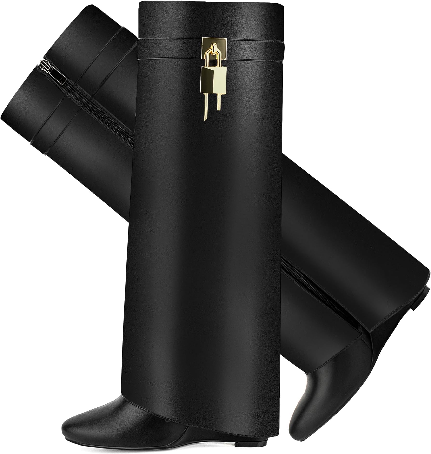 Fold Over Boots for Women Pointy Pull-on Wedge Heel Knee Shark Boot With Side Zipper Padlock Design