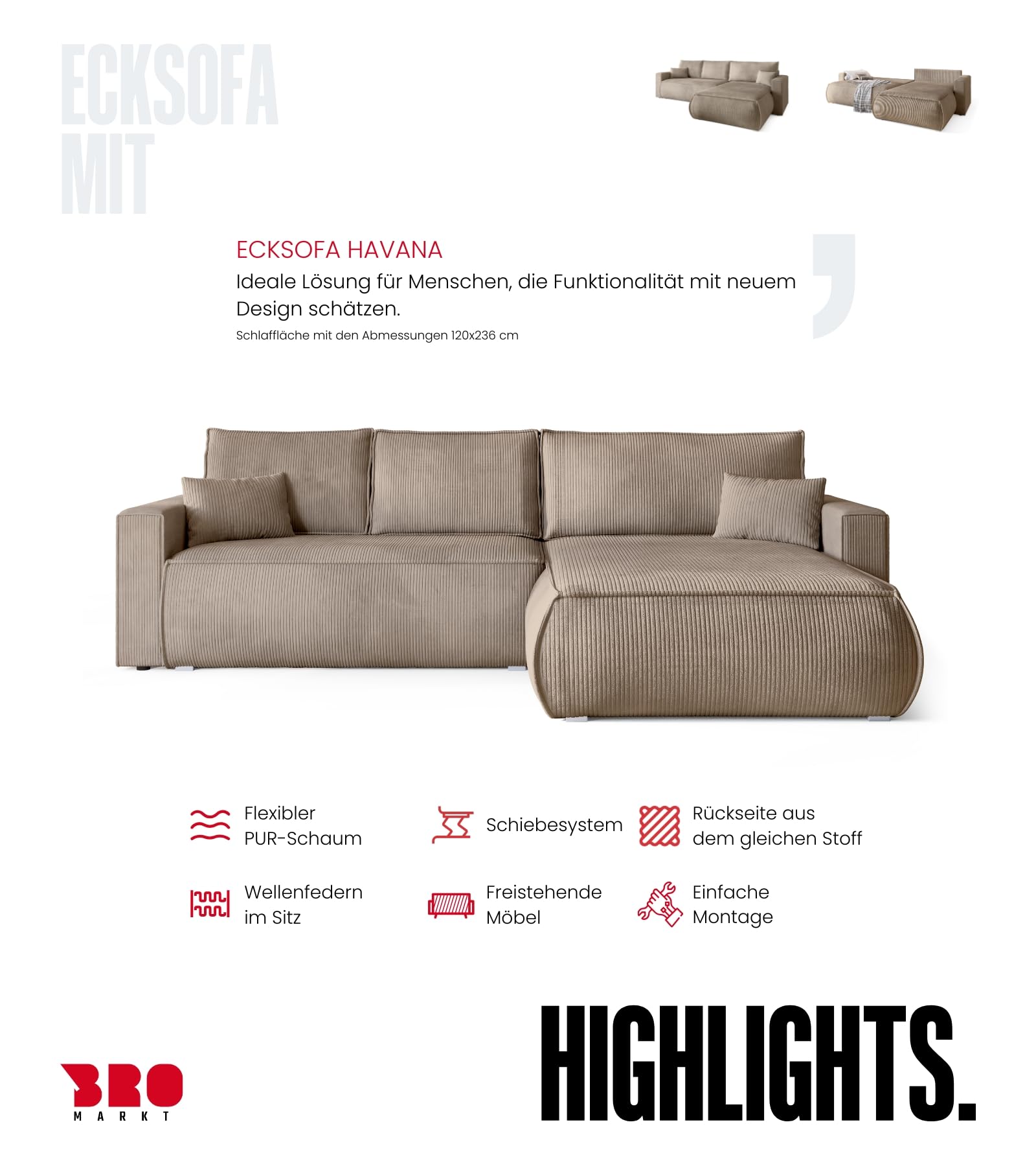 BROMARKT Ecksofa mit Schlaffunktion Couch L Form 270x173x80 cm Beige | Sofa mit Bettkasten Wohnlandschaft Schlafsofa freistehend HAVANA Schlafcouch mit Stauraum Cord 3 sitzer Sofabed Eckcouch