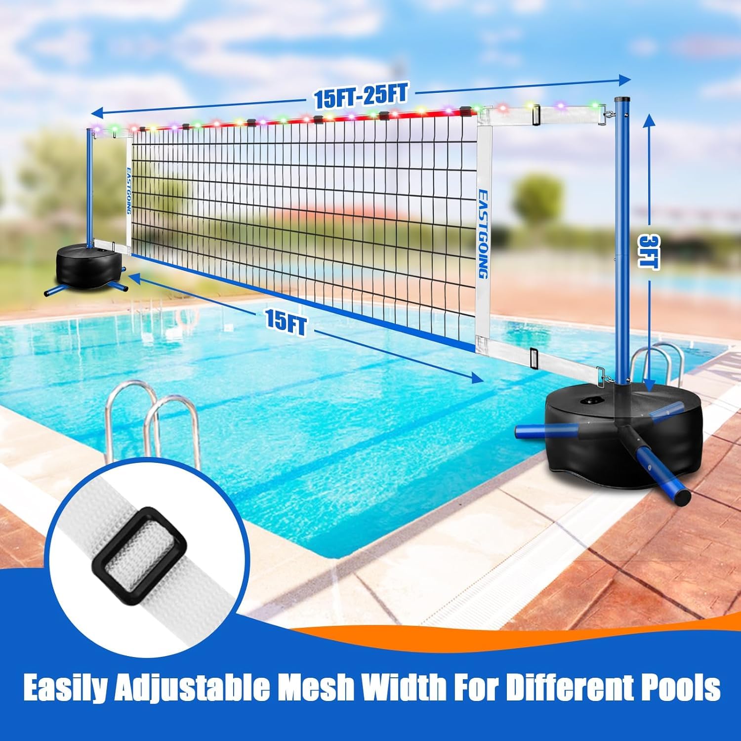 HoldOneLight tragbares Pool-Volleyball-Netzsystem längenverstellbar (4,5–7,6 m) mit stabilem Sockel und 2 Wasser-Volleyballbällen Für den Einsatz im Innen- und Außenbereich sowie