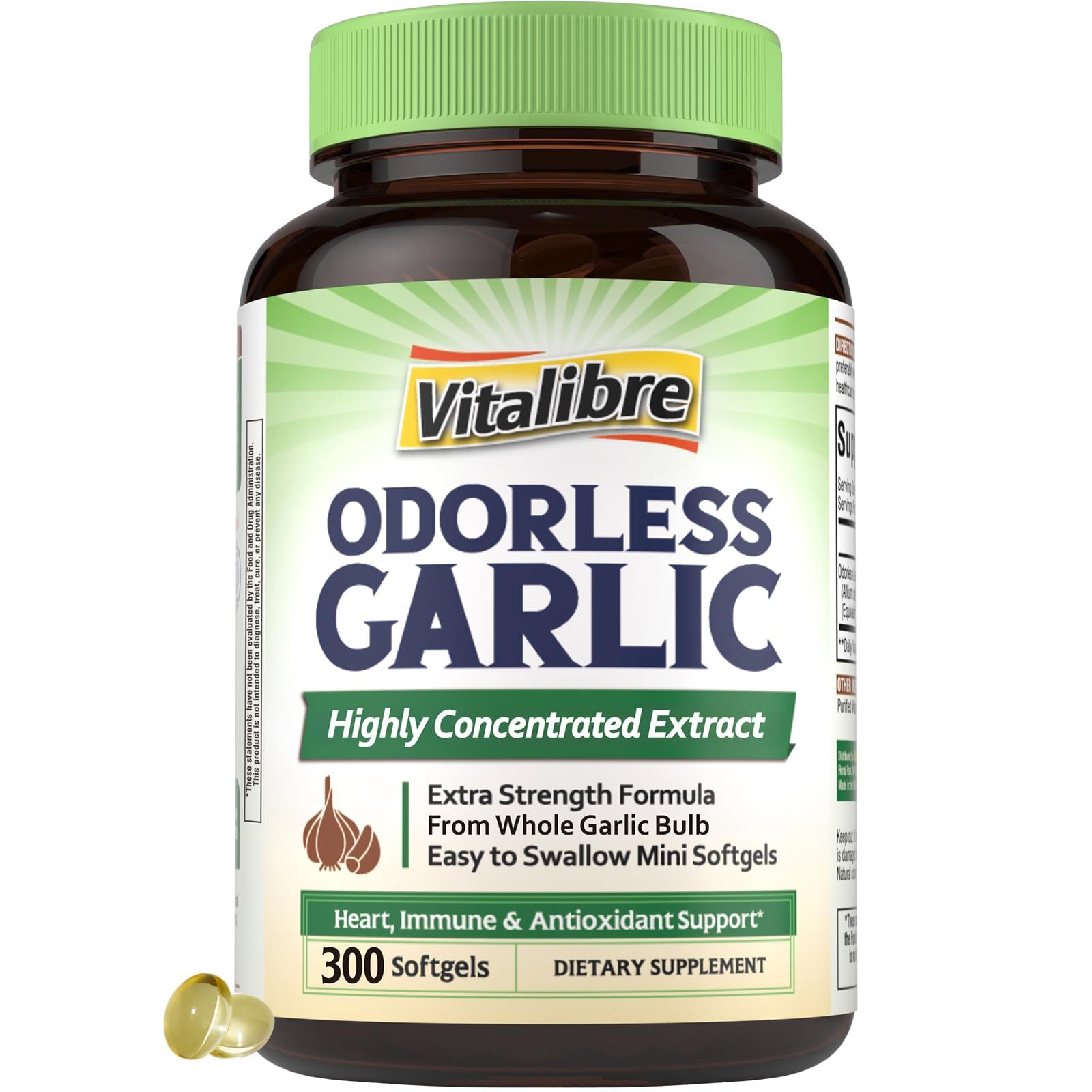Vitalibre Odorless Garlic, Extra Strength Extract, Non-GMO, No Gluten, Heart & Immunity, Antioxidant Defense, 300 Softgels 300 Count (Pack of 1)
