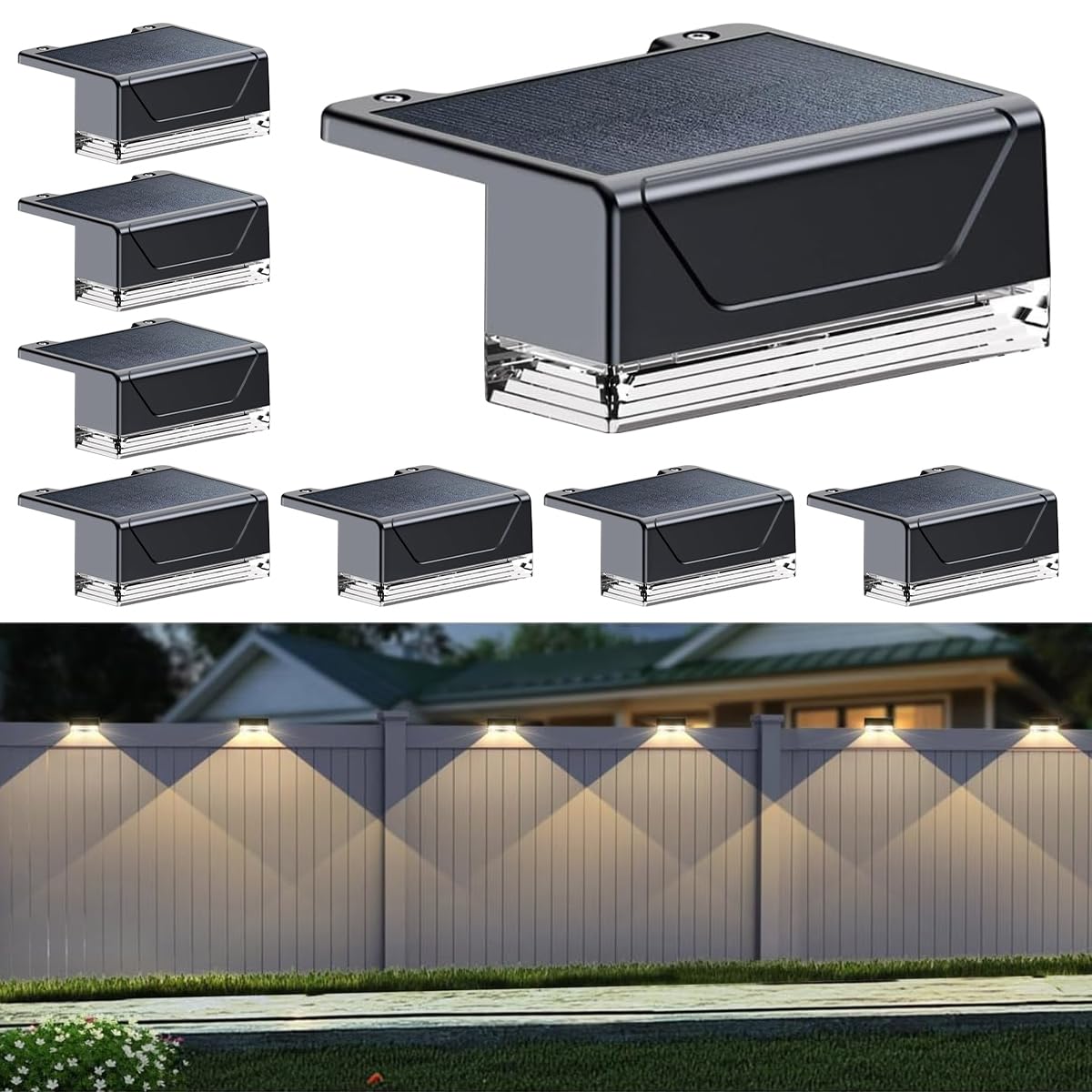 Solar Fence Lights Outdoor - 3 Color Modes(3000K/4000K/6000K), IP55 Waterproof Solar Lights, Fence Light Solar Powered for Outside, Backyard, Railing, Steps, Patio and Wall Lighting (8)