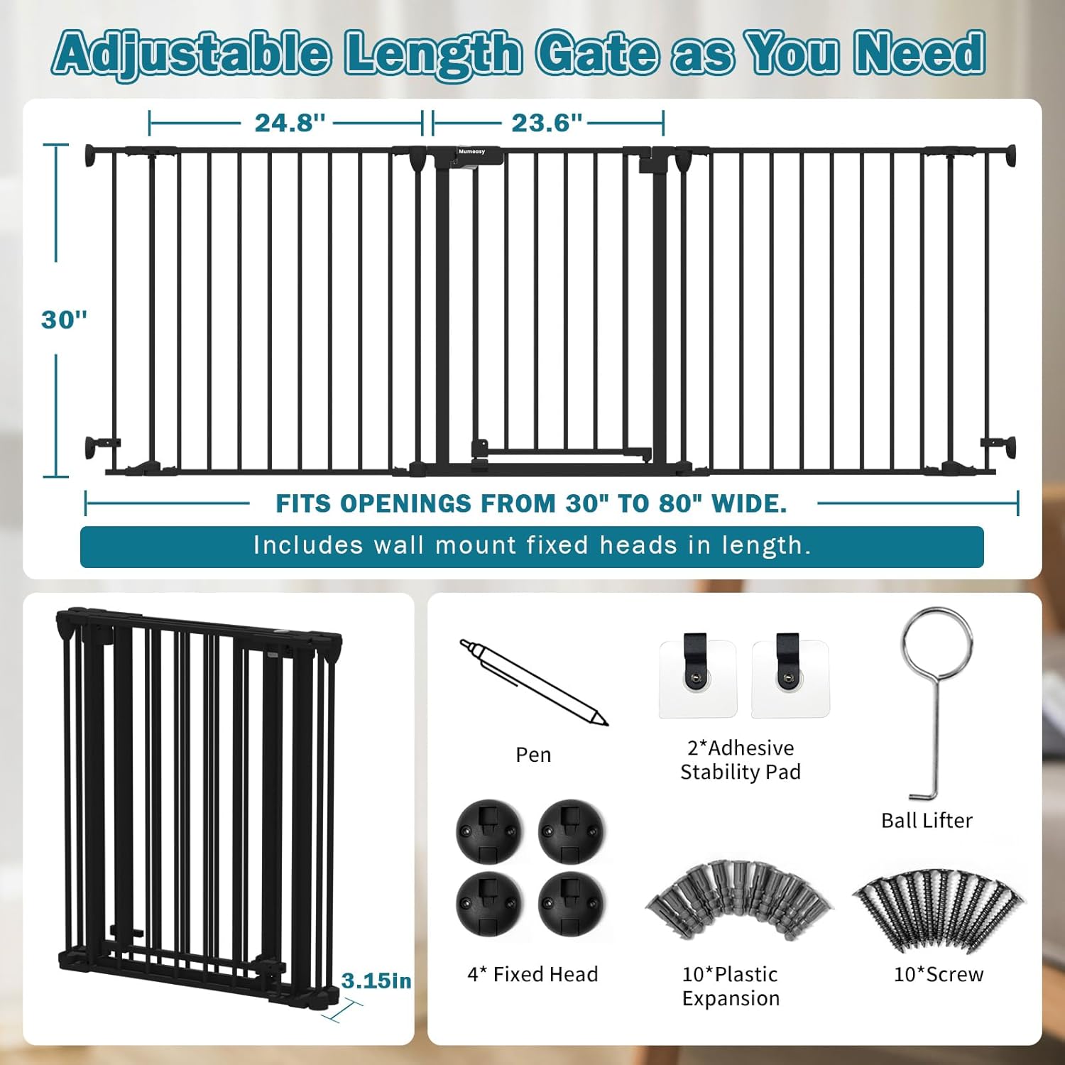 Mumeasy 80" Extra Wide Baby Gate for Doorways, Stairs & Fireplace, Auto Close Dog & Pet Gate with Walk Thru Door, 3 Metal Panels, Hardware Mounted Child Safety Fence for House, Indoor/Outdoor, Black
