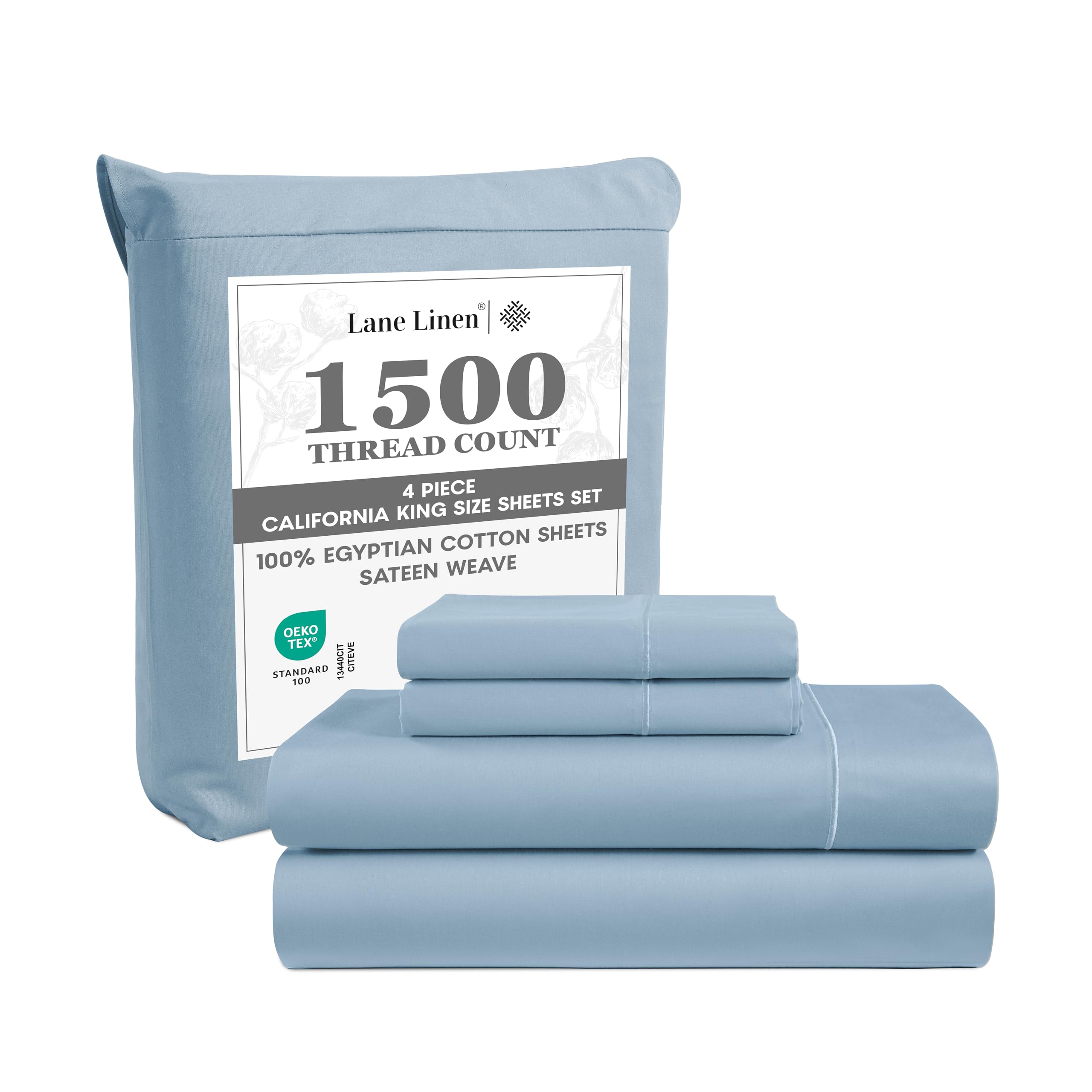 LANE LINEN 100% Egyptian Cotton Bed Sheets Set - 1500 TC, 4 Pieces - Luxury Sateen Weave California King Hotel Bedding Set - Sateen Weave Cal King Size Sheets Set with 15" Deep Pocket - French Blue