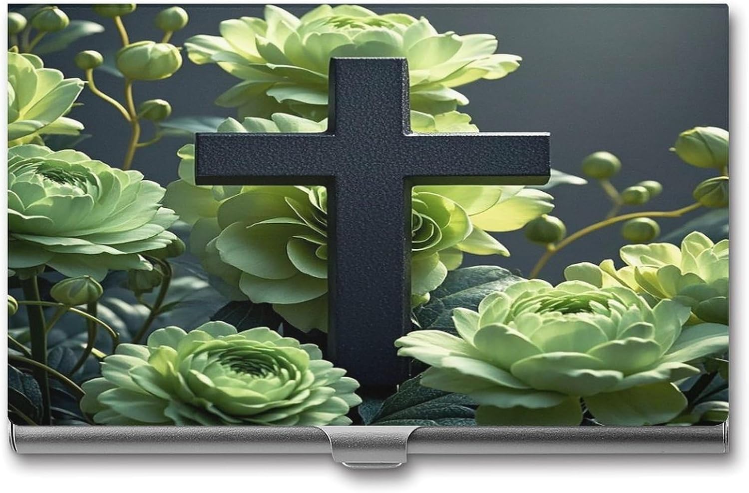 Black Cross Among Green Flowers Business Card Holder for Men Women Professional Stainless Steel Card Case Slim Flip Cover Purse Name Cards Holder Multi Aluminum Business Cards Wallet for Office