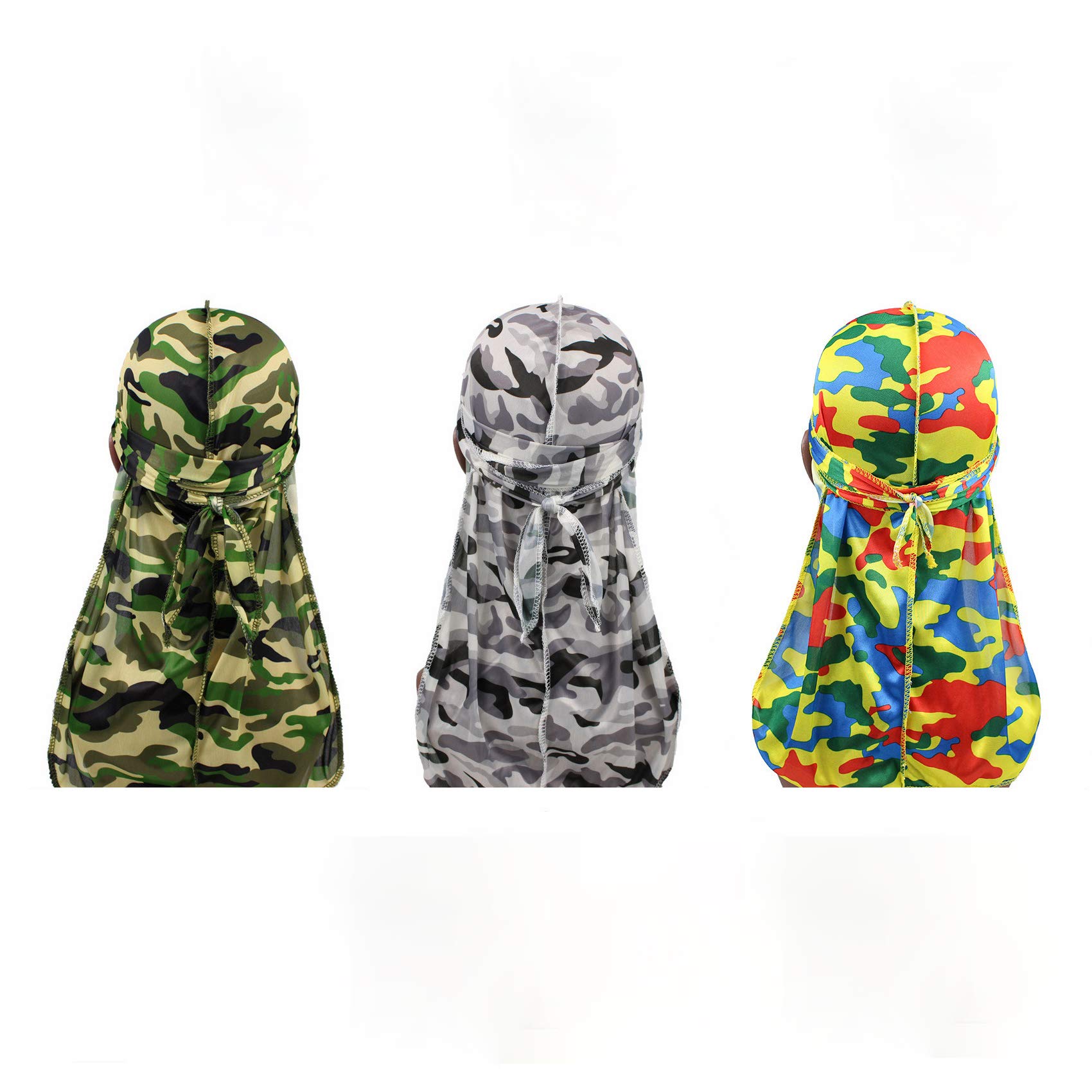 Deepthan 3PCS Men Camo Silky Durags Pack Satin Doo Rag Green Grey Yellow