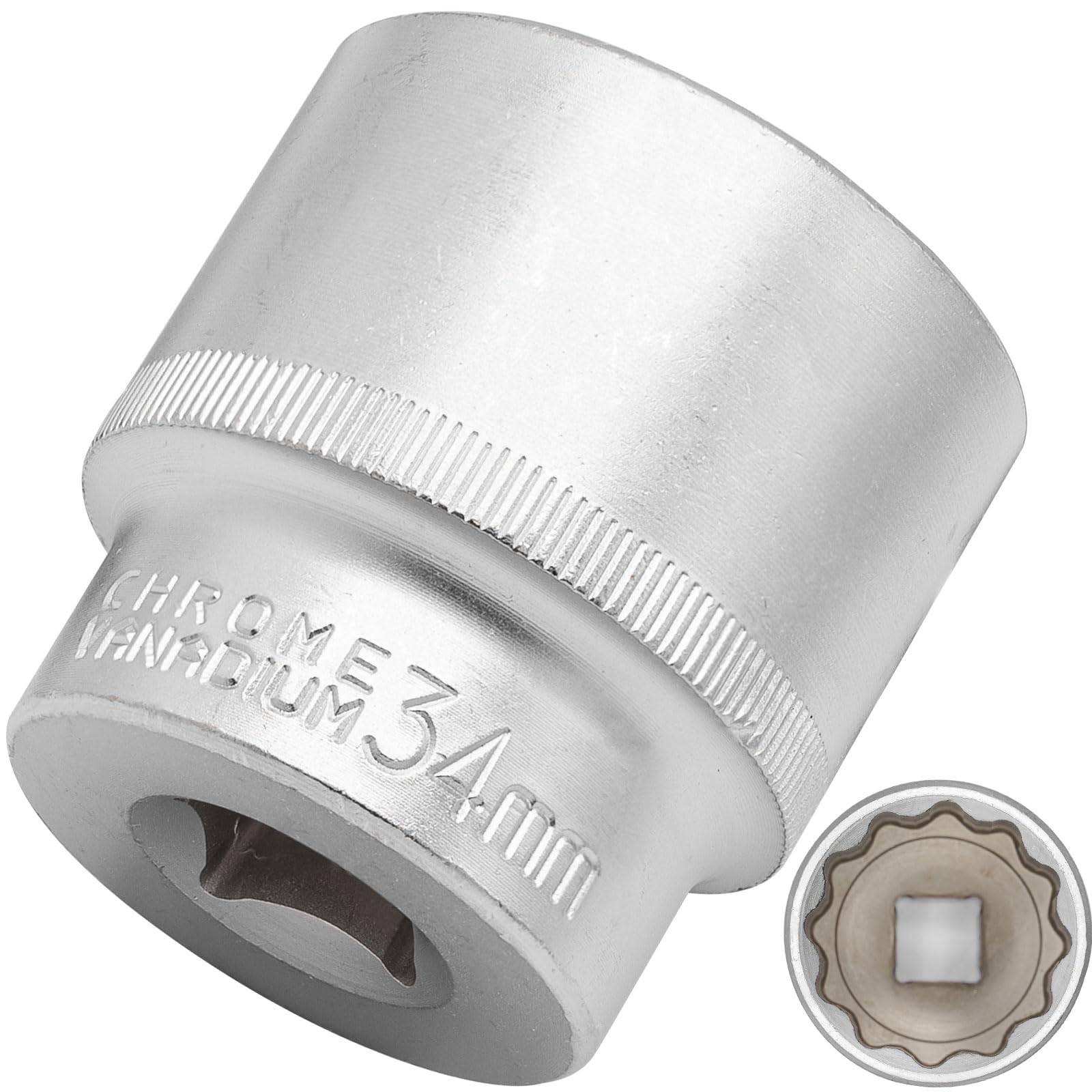 DAKCOS 34mm Spline Socket 1/2" Drive Multi-Tooth 12 Ponit Socket Spanner,CR-V, Mat Chrome Finis