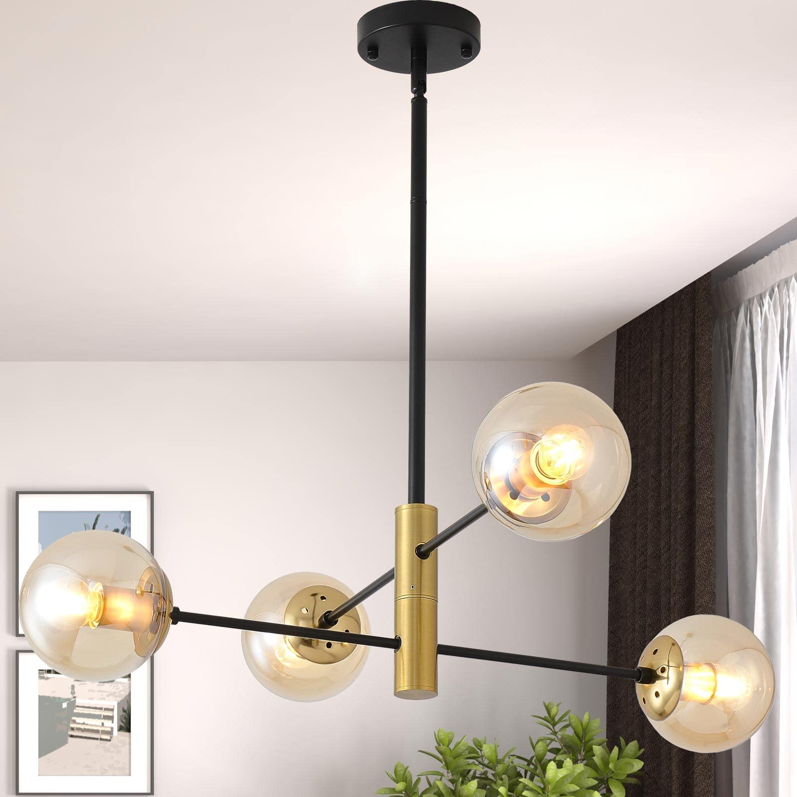 AskLlieo 4-Lights Glass Globe Sputnik Chandelier, Amber Shade Dining Room Lighting Fixture, Mid Century Chandelier, Classic Retro Ceiling Light Fixture for Study, Kitchen, Bedroom, Hallway, Farmhouse