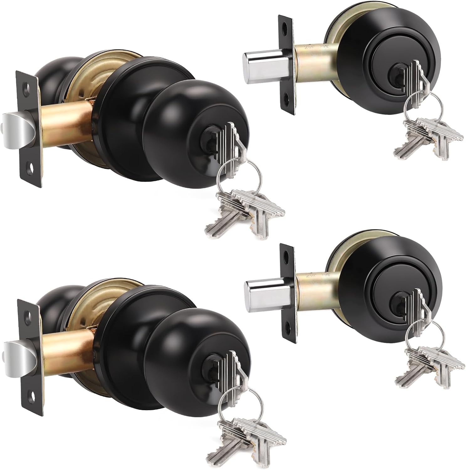 Knobonly 2 Set Keyed Same Entry Door Knob with Single Cylinder Deadbolt, One Keyway Door Lock Set in Matte Black Finish, Indoor/Outdoor Security Door Handles