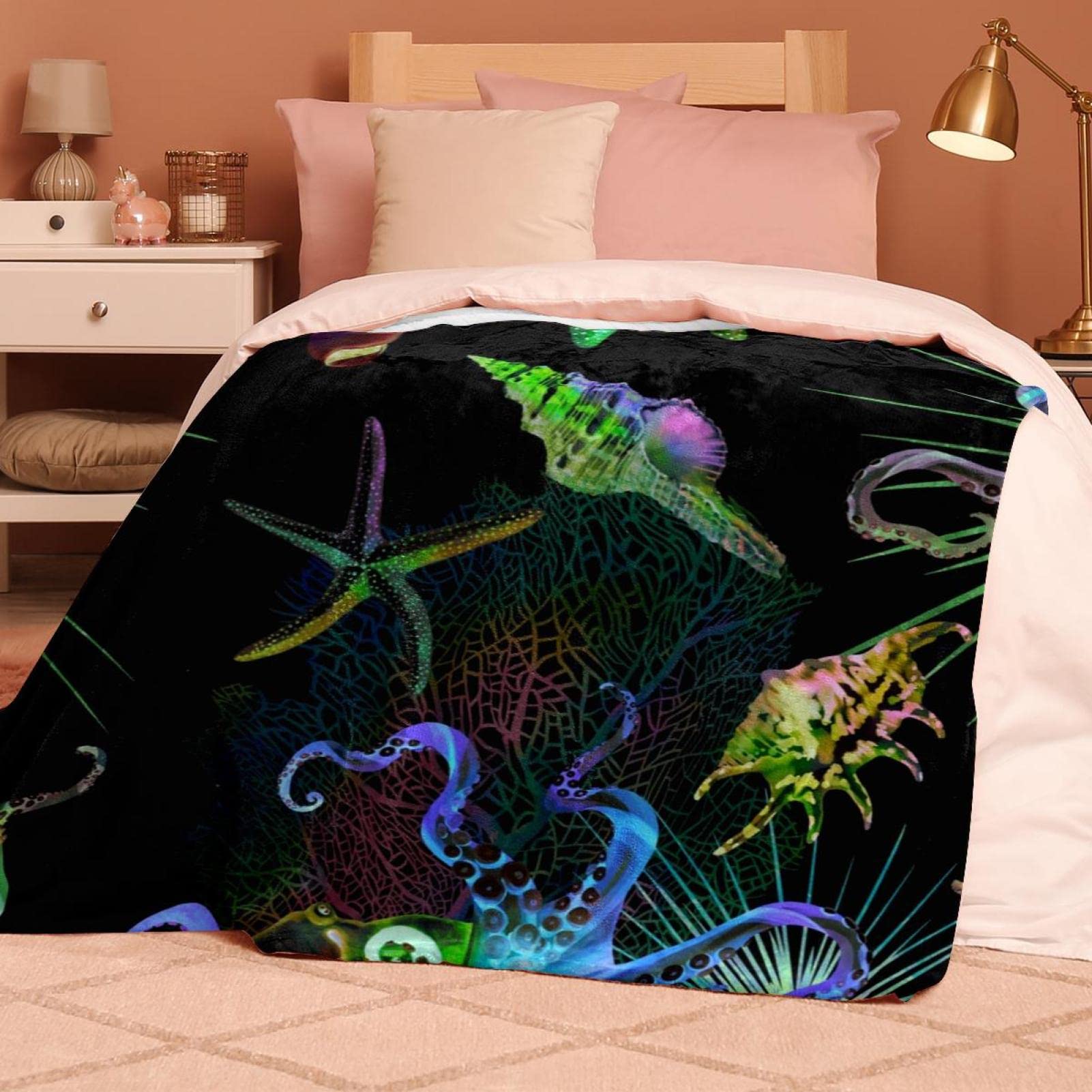 Coperta in pile con stelle marine al neon - morbida e leggera peluche accogliente - perfetta per letto, divano, viaggi, campeggio, 149,9 x 199,9 cm