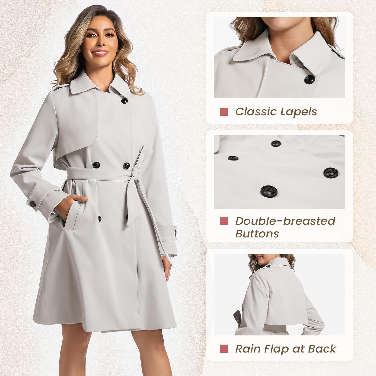 Women's Long Trench Coats Classic Double Breasted Jackets Water Resistant Turn Down Collar Belted Jacket - Image 4