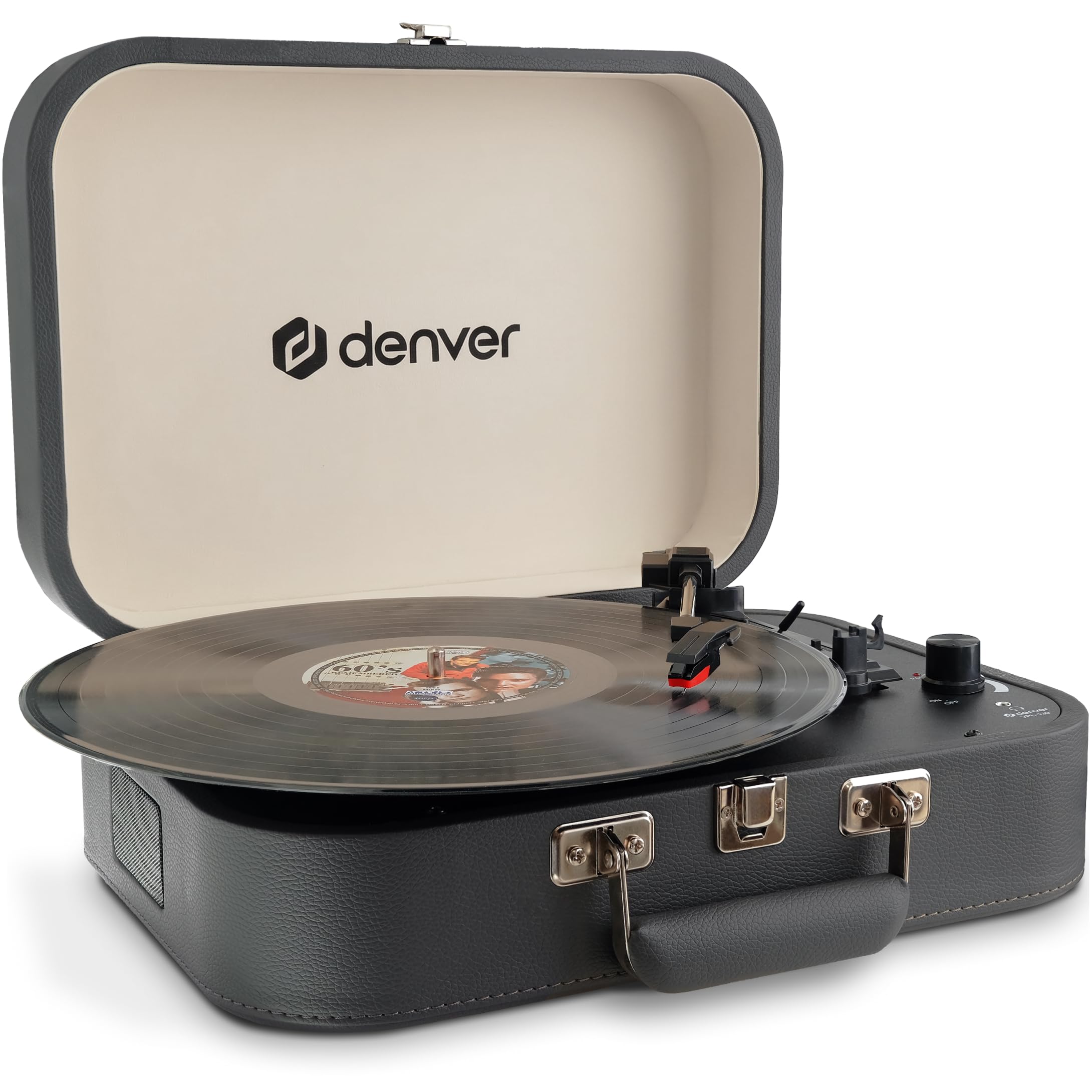 Denver VPL-130DGR Platine Vinyle Valise, Enregistrement USB vers PC, Haut-parleurs intégrés, Sortie RCA, Gris foncé