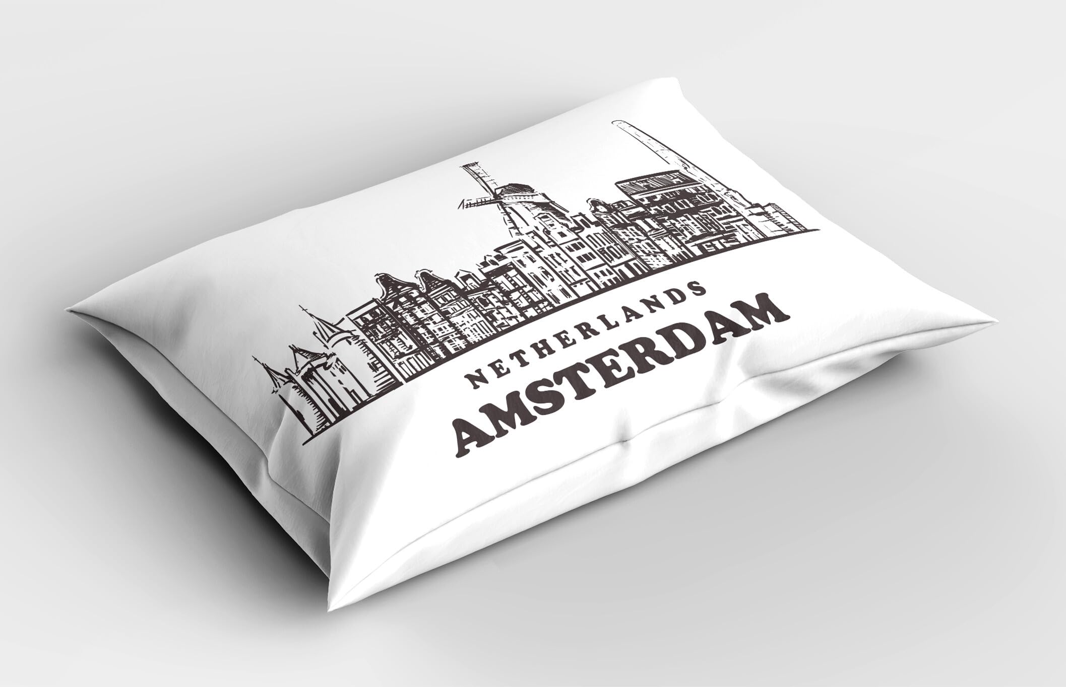 Ambesonne Amsterdam Pillow Sham Set of 2, Netherlands Calligraphy and Horizontal City Skyline on a Plain Background, Quality Microfiber Bedding Item for All Seasons, 30