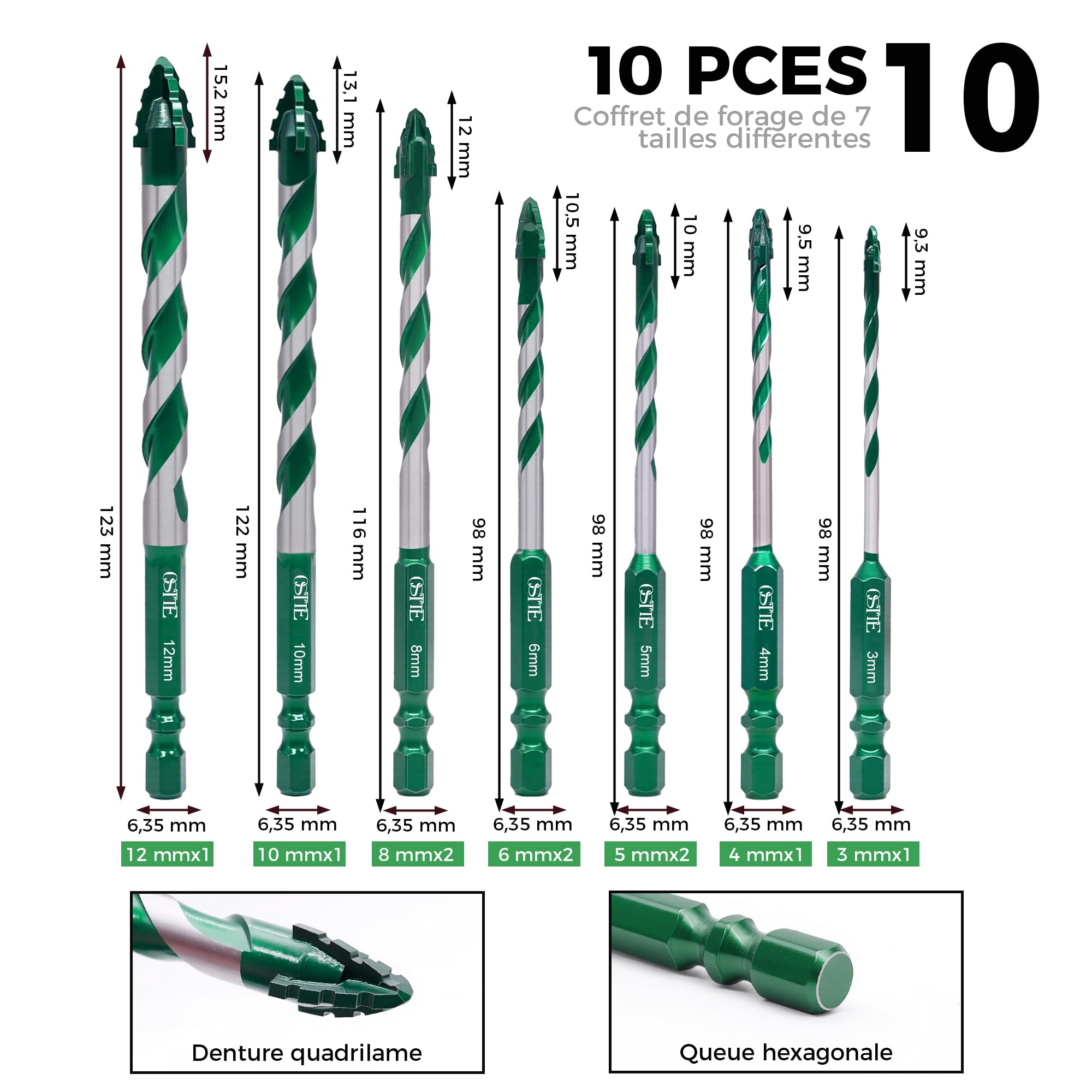Lot de 10 forets excentriques à dents de scie à quatre tranchants avec cobalt, foret à pierre 3-12 mm, tige hexagonale de 6,3 mm, foret en carbure pour céramique, carrelage, métal, béton, verre vert