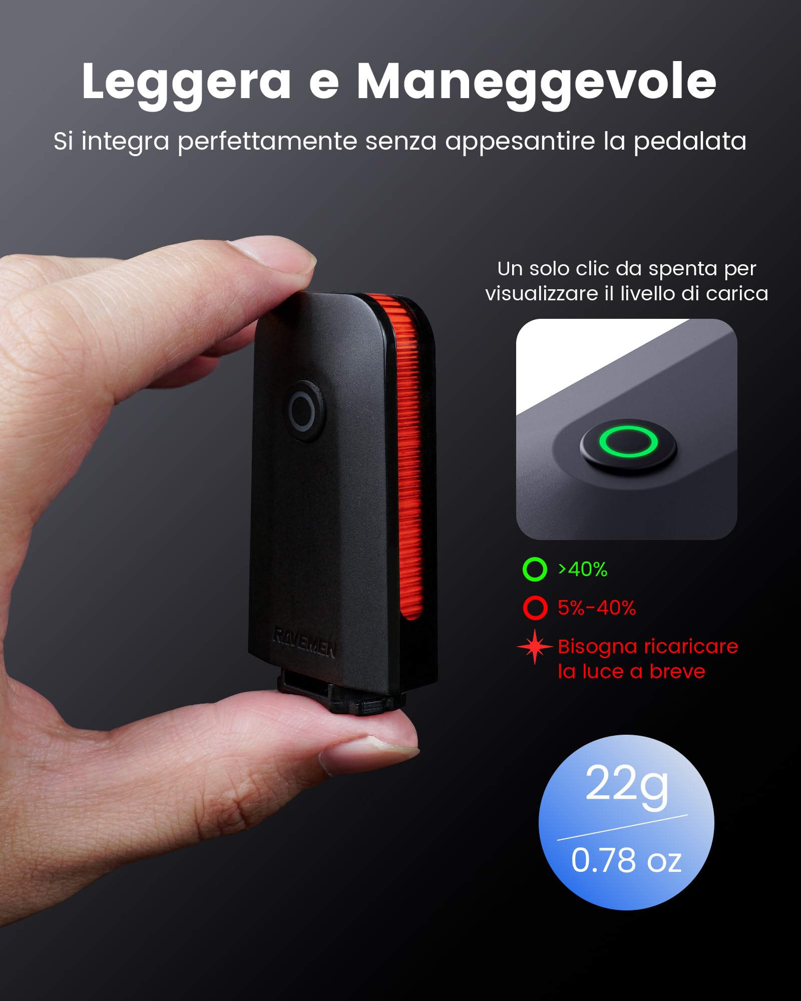 RAVEMEN CL01 Luci Posteriori per Bici, 30 Lumen Grandangolare a 300° per bicicletta su Strada o Guida in Città, Impermeabile IPX6 5 Modalità,Rilevamento dei Freni Ricaricabili USB C ON/OFF Automatico
