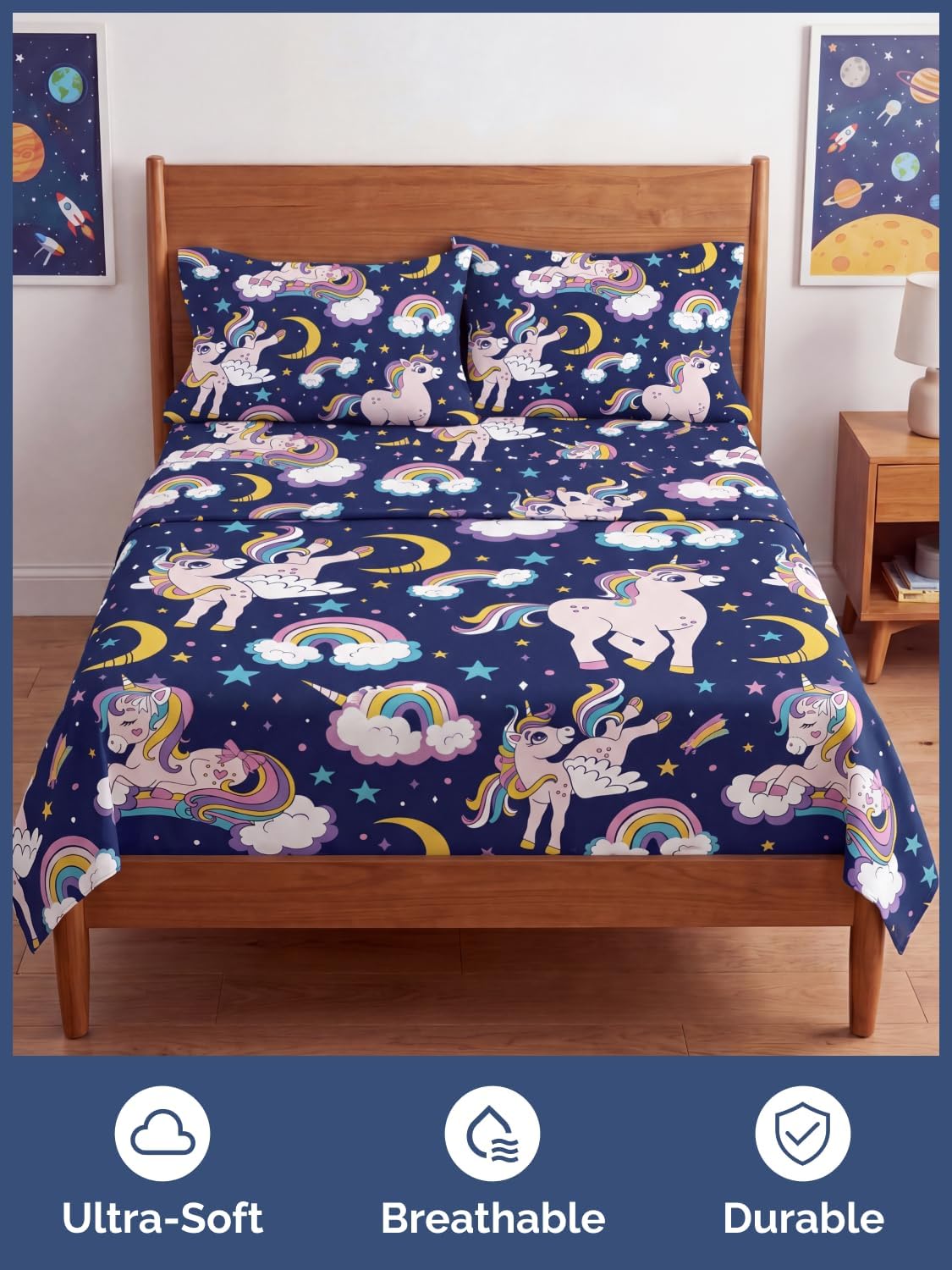 CGK Unlimited Kids Magic Unicorns Full 4 Piece Sheet Set - Boys, Girls, Teens, Toddler - Easy Fit Deep Pockets - Soft, Cooling & Breathable Sheets - Cute, Cozy, Fade & Wrinkle Free - Machine Washable