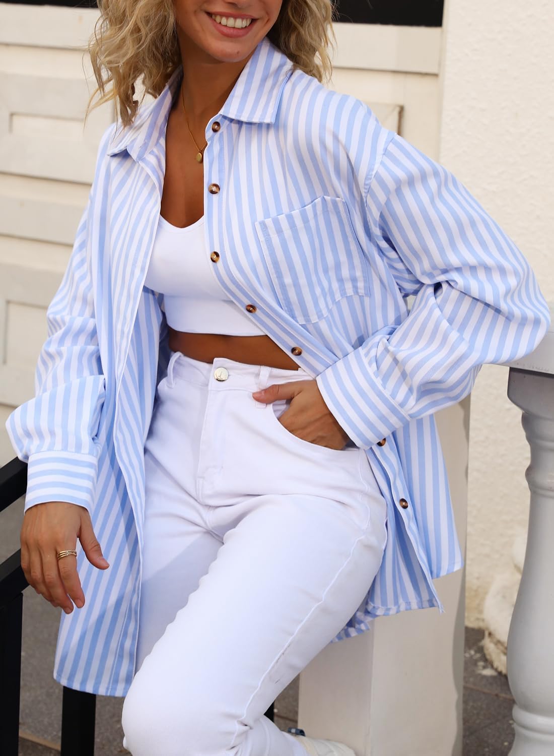 CHYRII Women's Striped Button Down Long Sleeve Blouse - Image 7