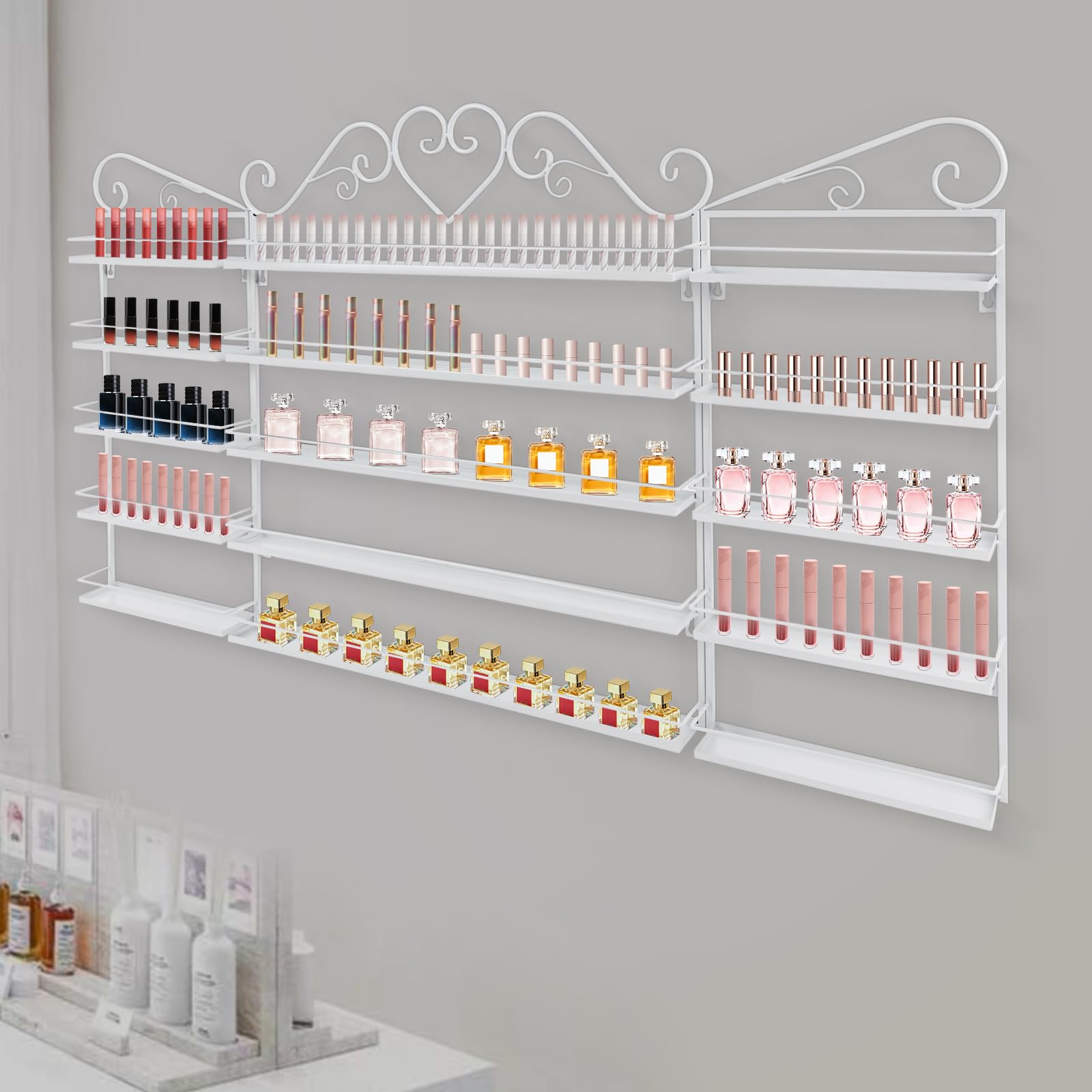 Étagère murale à 5 niveaux en métal à 3 niveaux pour vernis à ongles, avec bandes de protection, organiseur de coiffeuse pour rouges à lèvres, parfums, pour salon de manucure, chambre à coucher