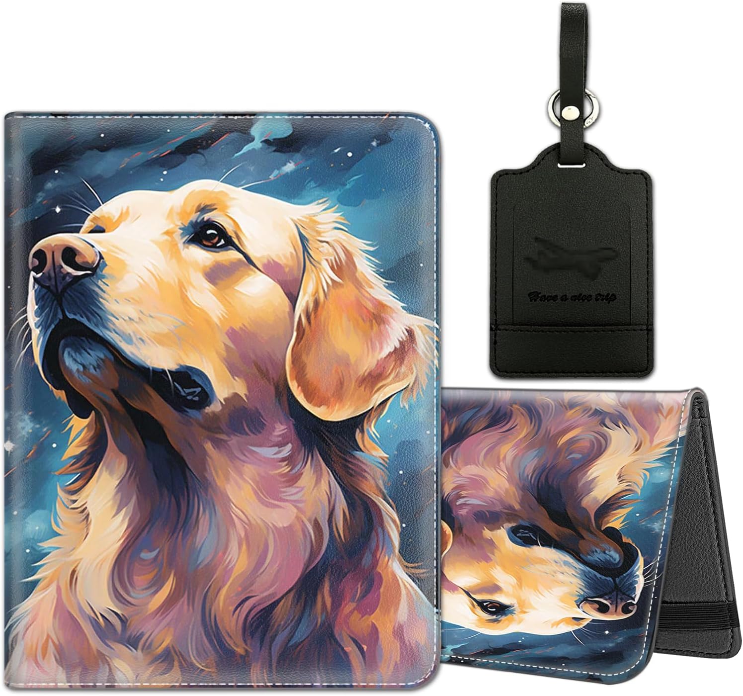 Passport Holder for Travel with Luggage Tag, PU Leather Passport Wallet with RFID Blocking for Women Men, Multi Card Slot Passport Cover Case, Golden Retriever Dog