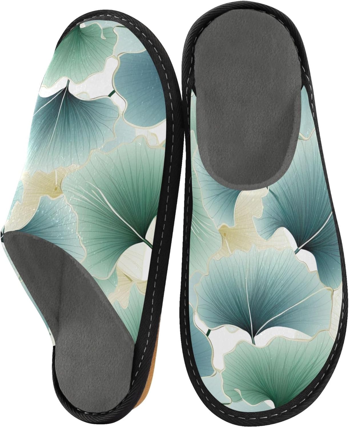 Ginkgo Biloba Green Leaf House Slippers – Cozy Fuzzy Slippers for Guests, Washable & Disposable, Perfect for Shoeless Home, Spa & Hotel Use A110147