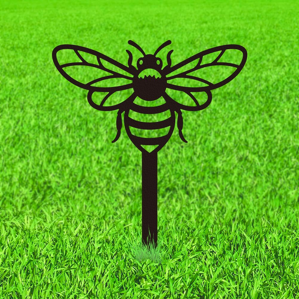 WADORN Bee Metal Decorative Garden Stakes, Black Bee Outdoor Statues Silhouette Cute Bees Stakes Silhouette Ornaments for Yard Art Garden Patio Backyard Lawn Decors Bees Lover Gifts