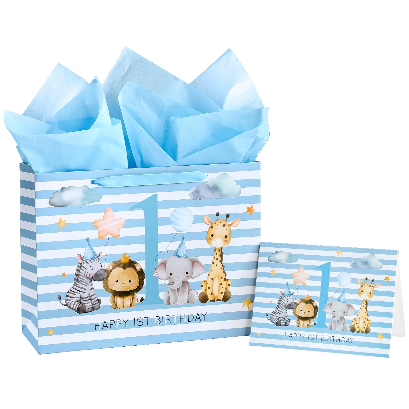 Loveinside 13" Large Baby Boy 1st Birthday Gift Bag with Card and Tissue Paper - Baby Blue Adorable Jungle Animal Design for Kids Boy Birthday