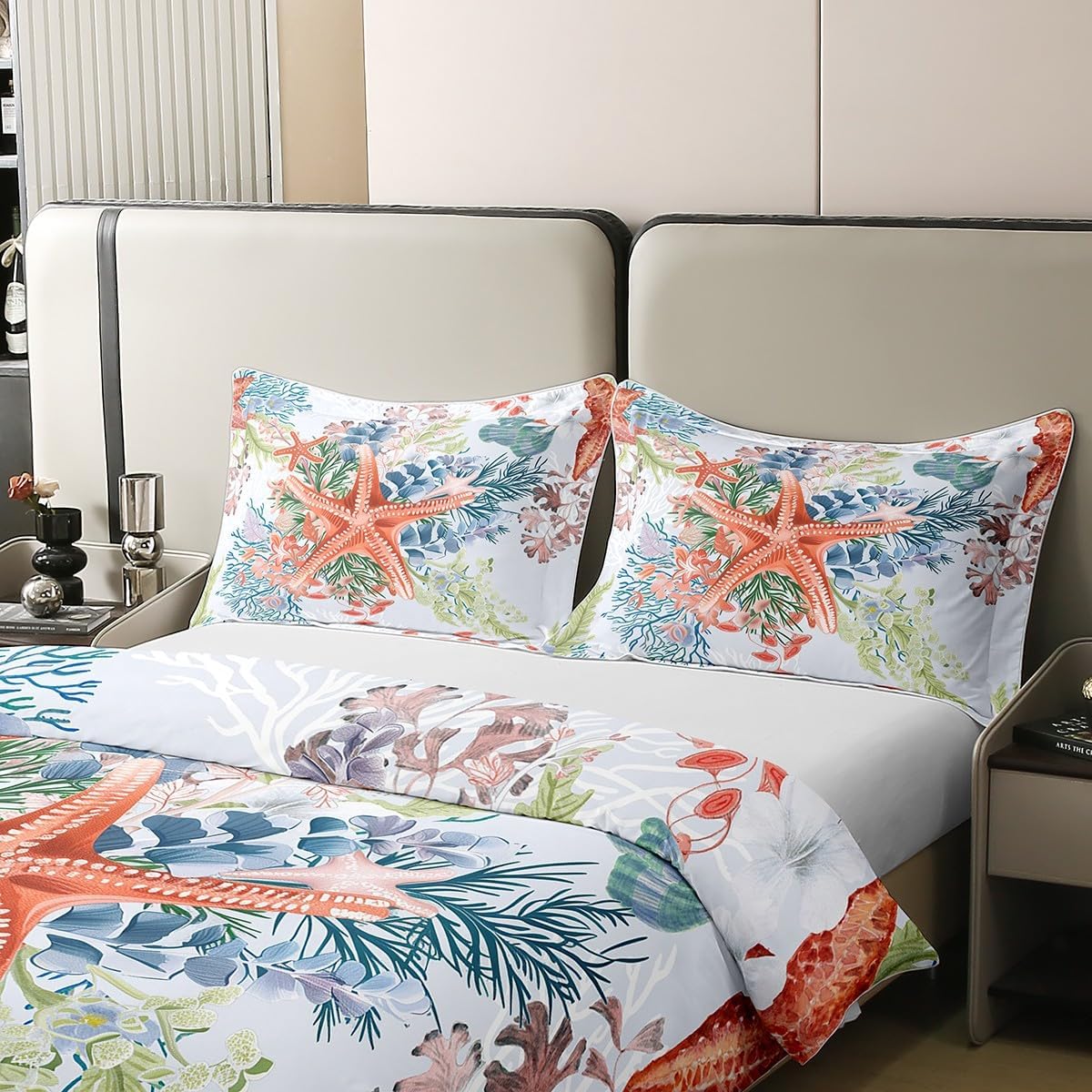 100% Cotton Watercolor Ocean Animals Duvet Cover Queen,Colorful Starfish Underwater Flowers Coral Bedding Set (Not Comforter),Summer Seaside Camping Coastal Plants Comforter Cover Bedding 3 Piece
