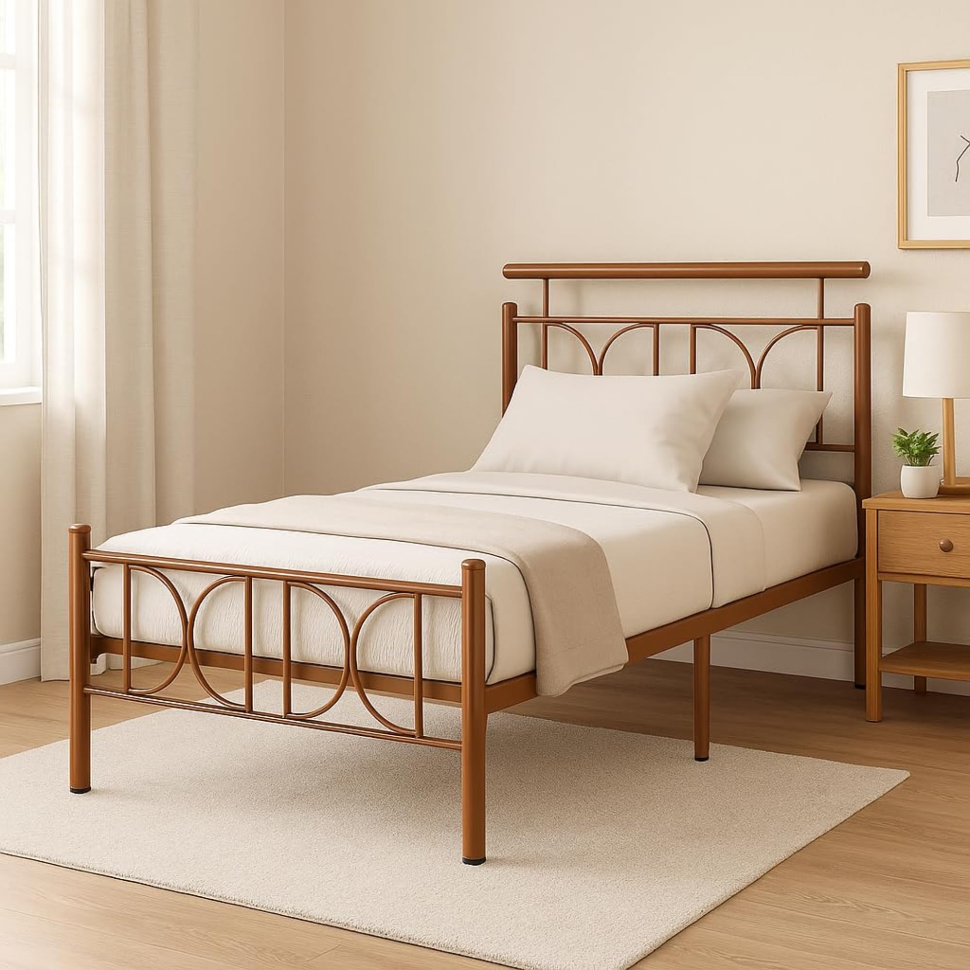 Mexo Metal Single Size Bed Without Storage | Wrought Iron Single Bed with Headboard & Footboard | Sturdy Powder Coated Platform Bed Single Size Cot for Bedroom Brown (75x36)-image-39