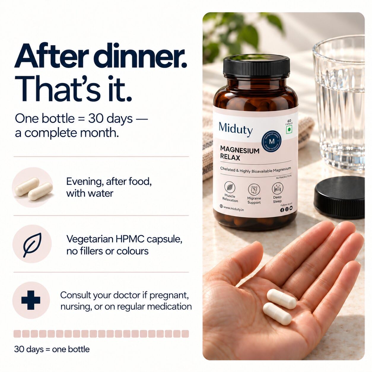 Miduty Chelated Magnesium Glycinate | 1500mg Supplement for Sleep, Stress Relief, Muscle Recovery & Muscle Cramps | 300mg Elemental Magnesium | High Absorption with Vitamin B6 | 60 Veg Capsules — Amazon image 7