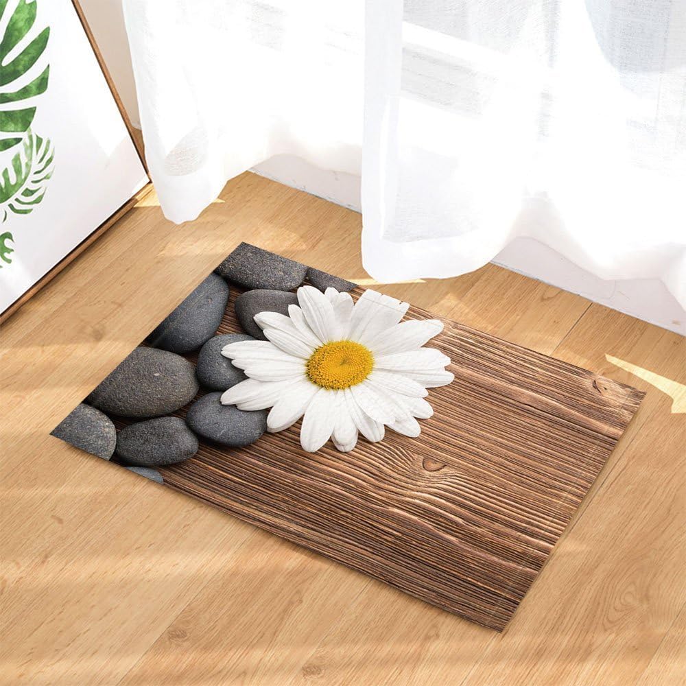 Spa Bath Rugs, Stone White Flower Wooden The Orient Zen Art Printing, Non-Slip Doormat Floor Entryways Indoor Front Door Mat, Kids Bath Mat, 15.7x23.6in, Bathroom Accessories