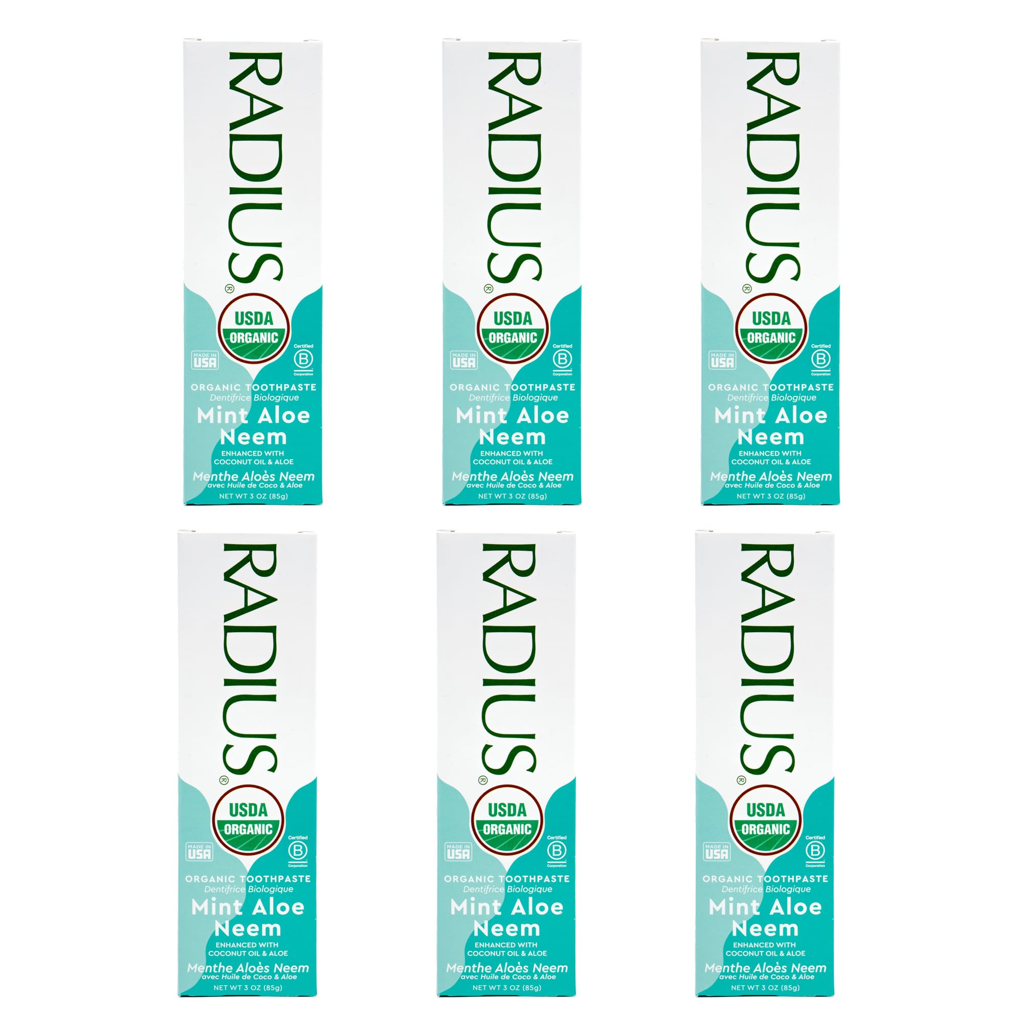 Radius Toothpaste, Mint Aloe Neem, 3 oz, USDA Organic Non-Toxic Chemical-Free Gluten-Free, Designed to Improve Gum Health & Prevent Cavities, Pack of 6