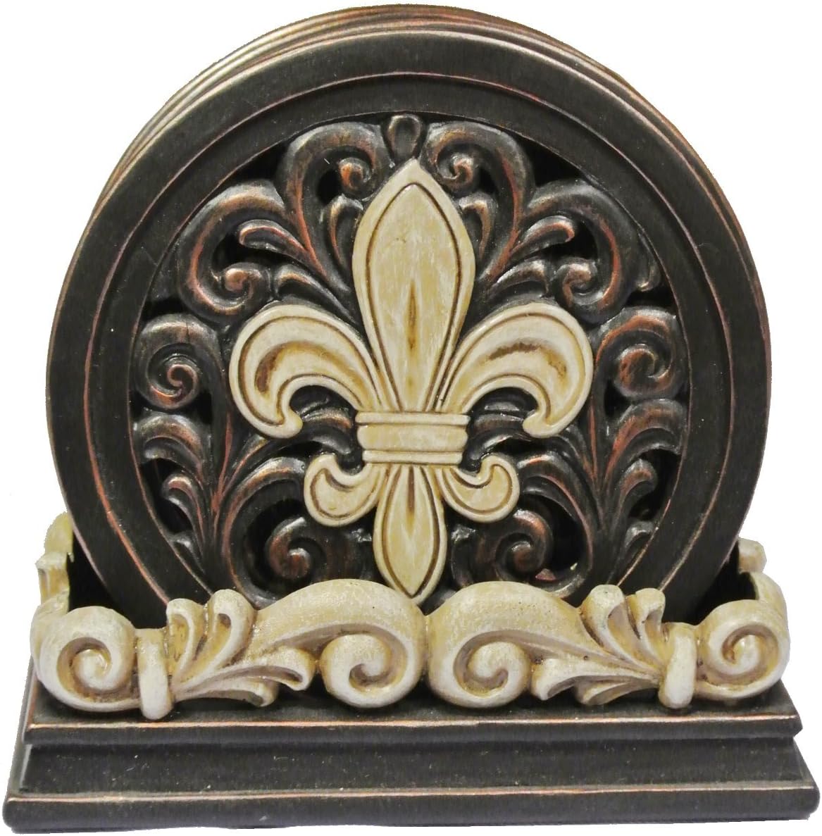 LL Home Fleur-De-Lis Carved Scrolls 4 Coaster Set