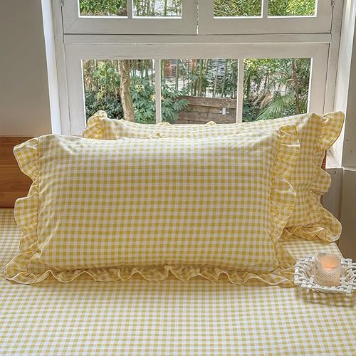 Miniatura 2 de NSNLGSGC Yellow Ruffled Plaid Gingham Standard Size Pillow Shams 20"x26", Set of 2 Taupe Checked Pre-Washed Microfiber Farmhouse Pillowcases for