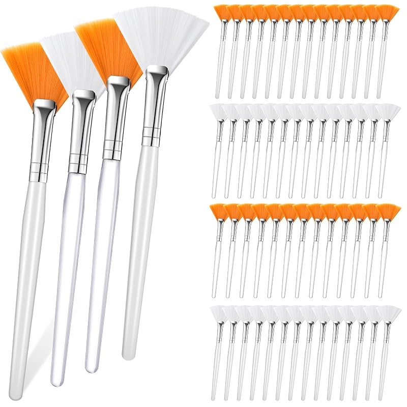 Pincéis leque Elesunory para aplicação facial, nylon, cabos amarelos e brancos, 60 unidades