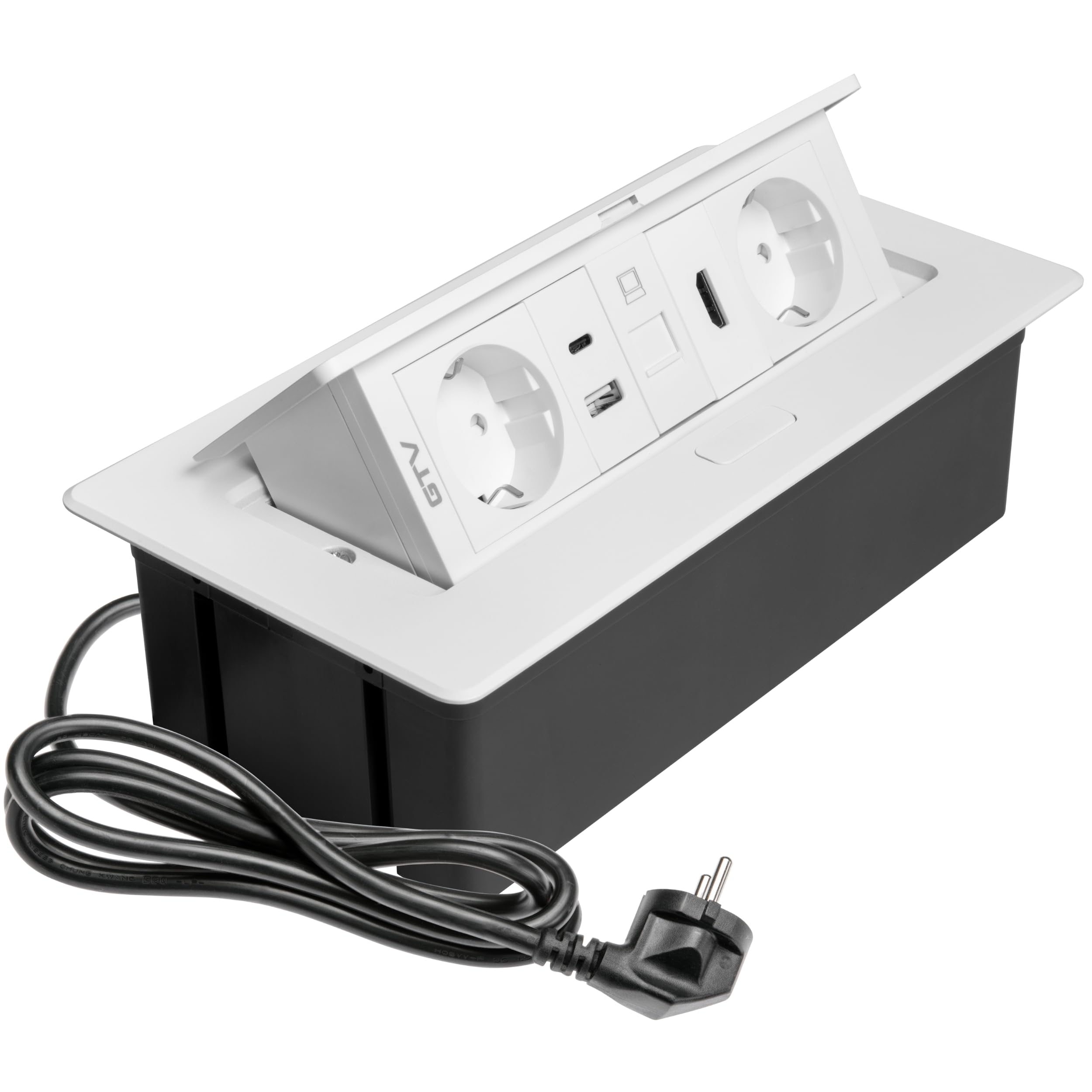 GTV Enchufe empotrable MULTISOFT blanco con 2 Schuko, USB A+C, RJ45, HDMI 2.0, cable 1,5 m